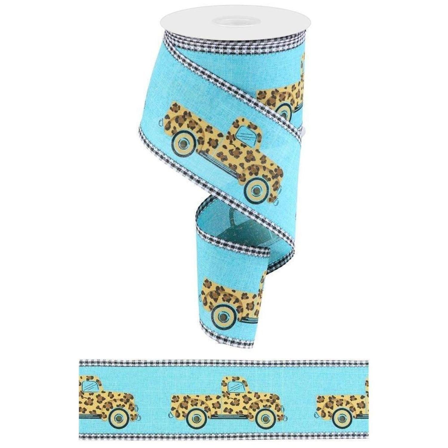 2.75" Leopard Truck Gingham Edge Ribbon: Teal (10 Yards)