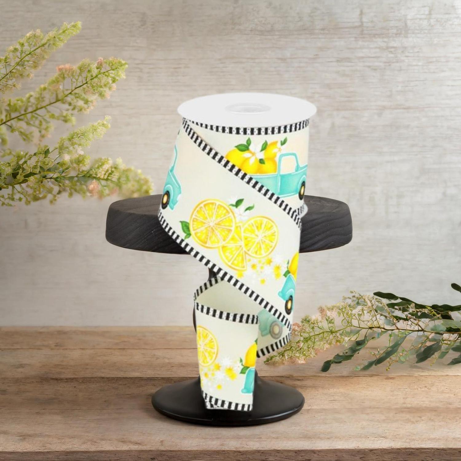 2.75" Truck with Lemons Stripe Ribbon: Ivory (10 Yards)