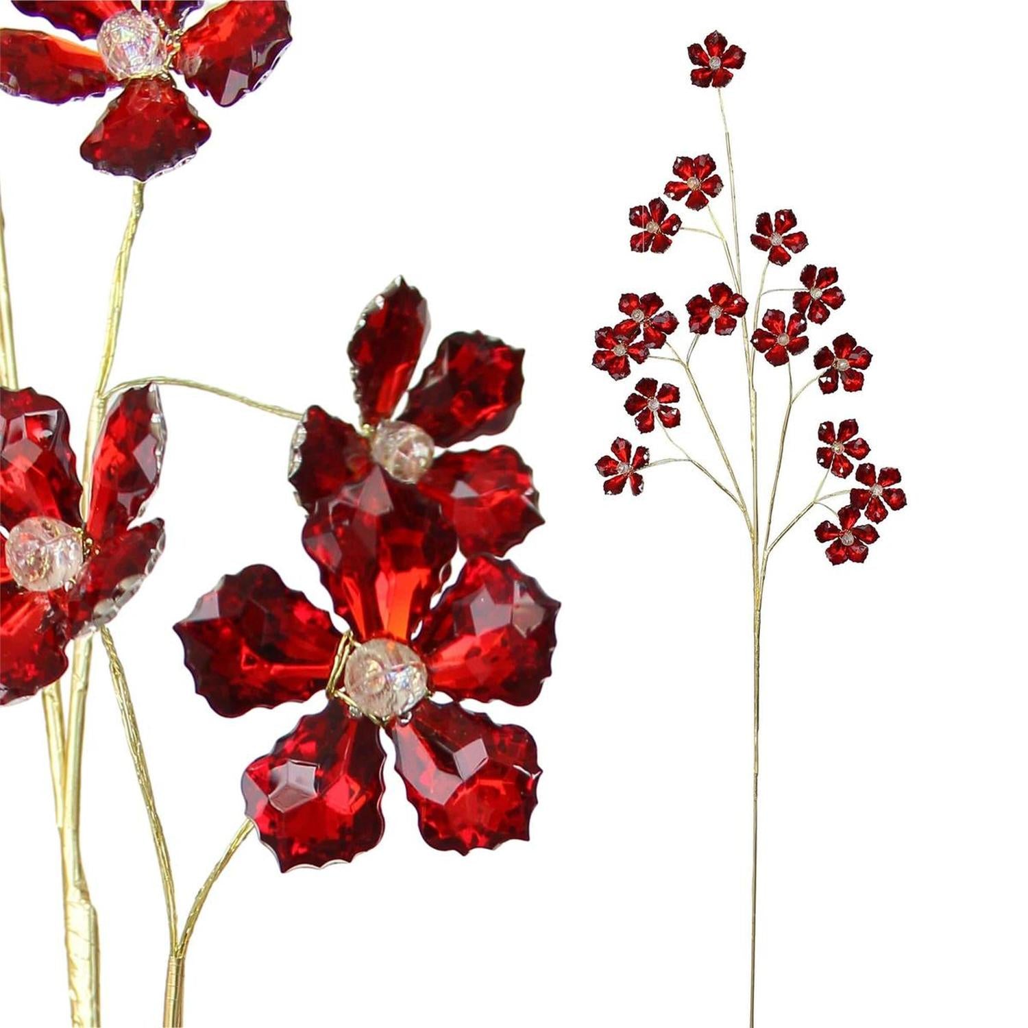 28" Flower Faux Crystal Spray: Red