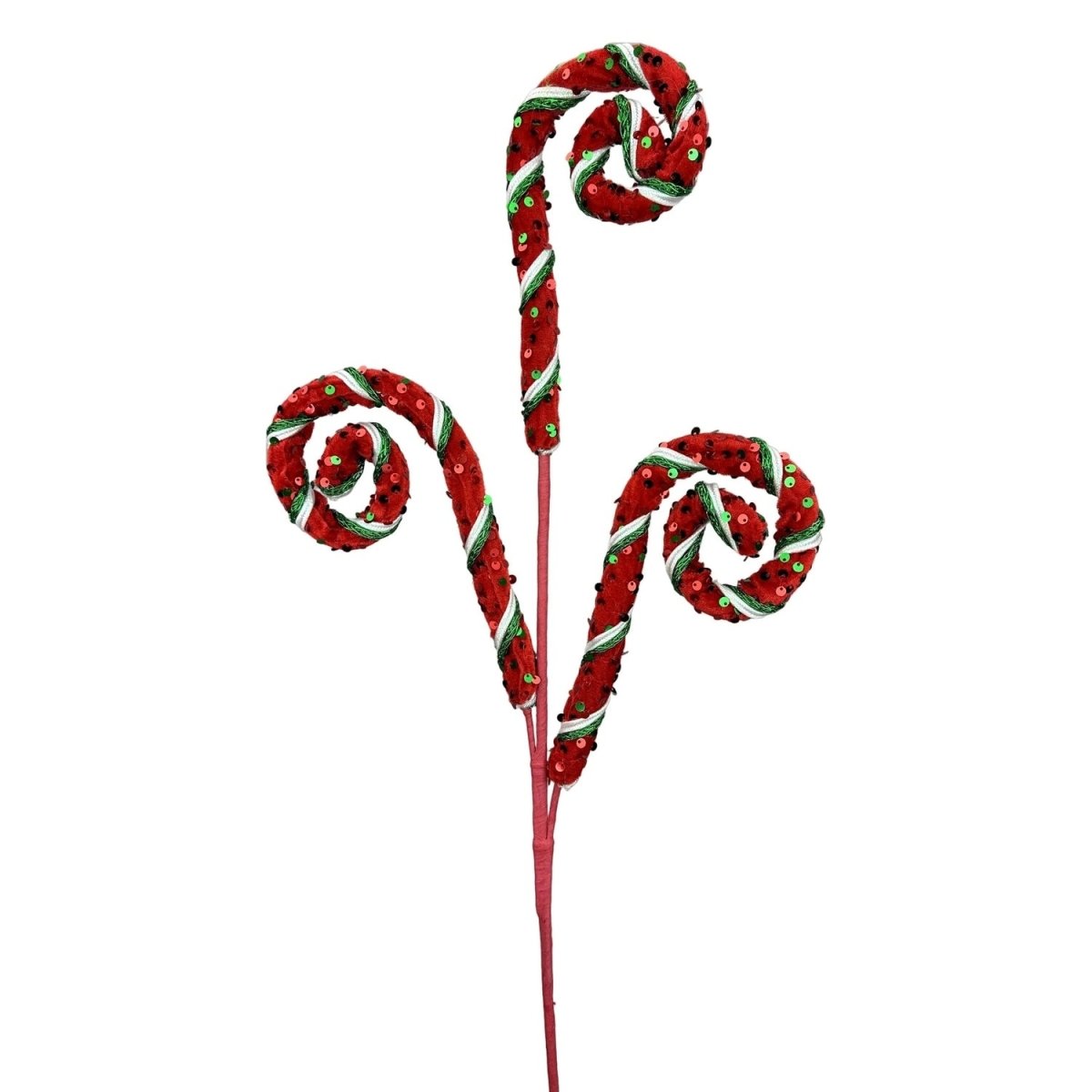 Red sequin curly spray with white and green ribbon wrapping