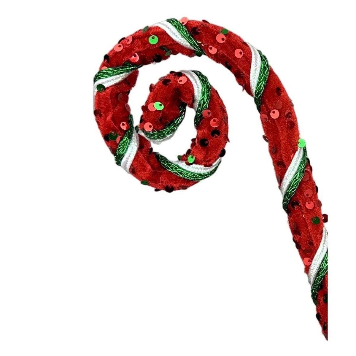 Close-up of red sequin spiral curl texture and ribbon detail