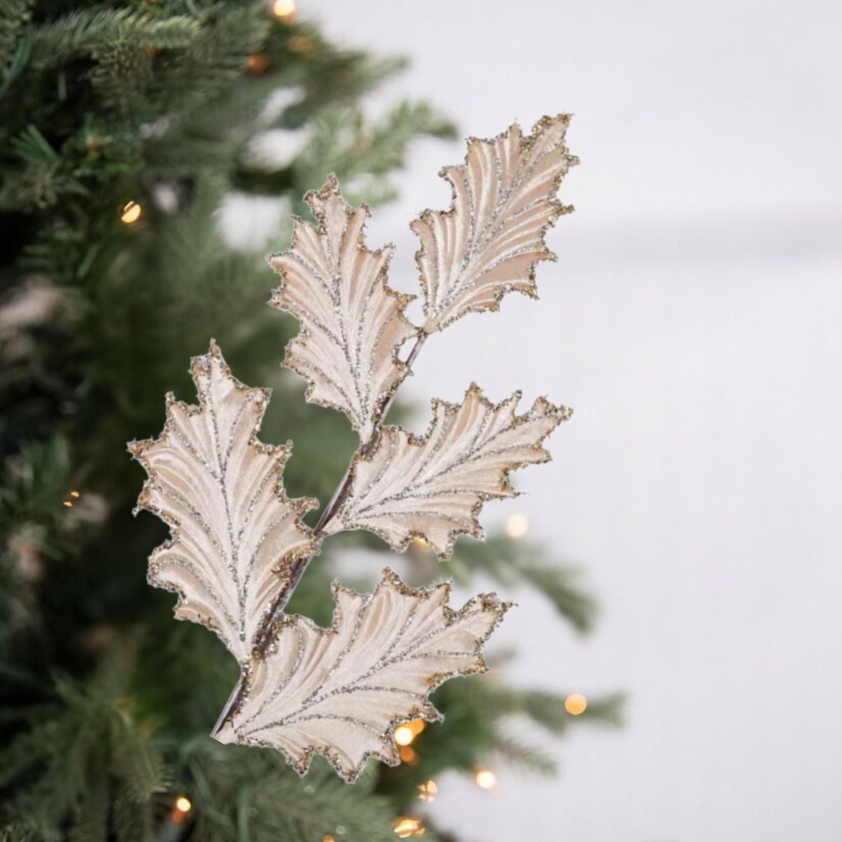 Shop For 28" Tinsel Holly Leaf Spray: Champagne
