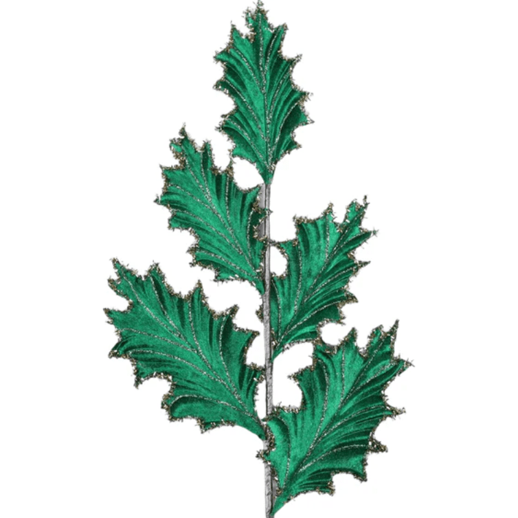 Shop For 28" Tinsel Holly Leaf Spray: Emerald Green