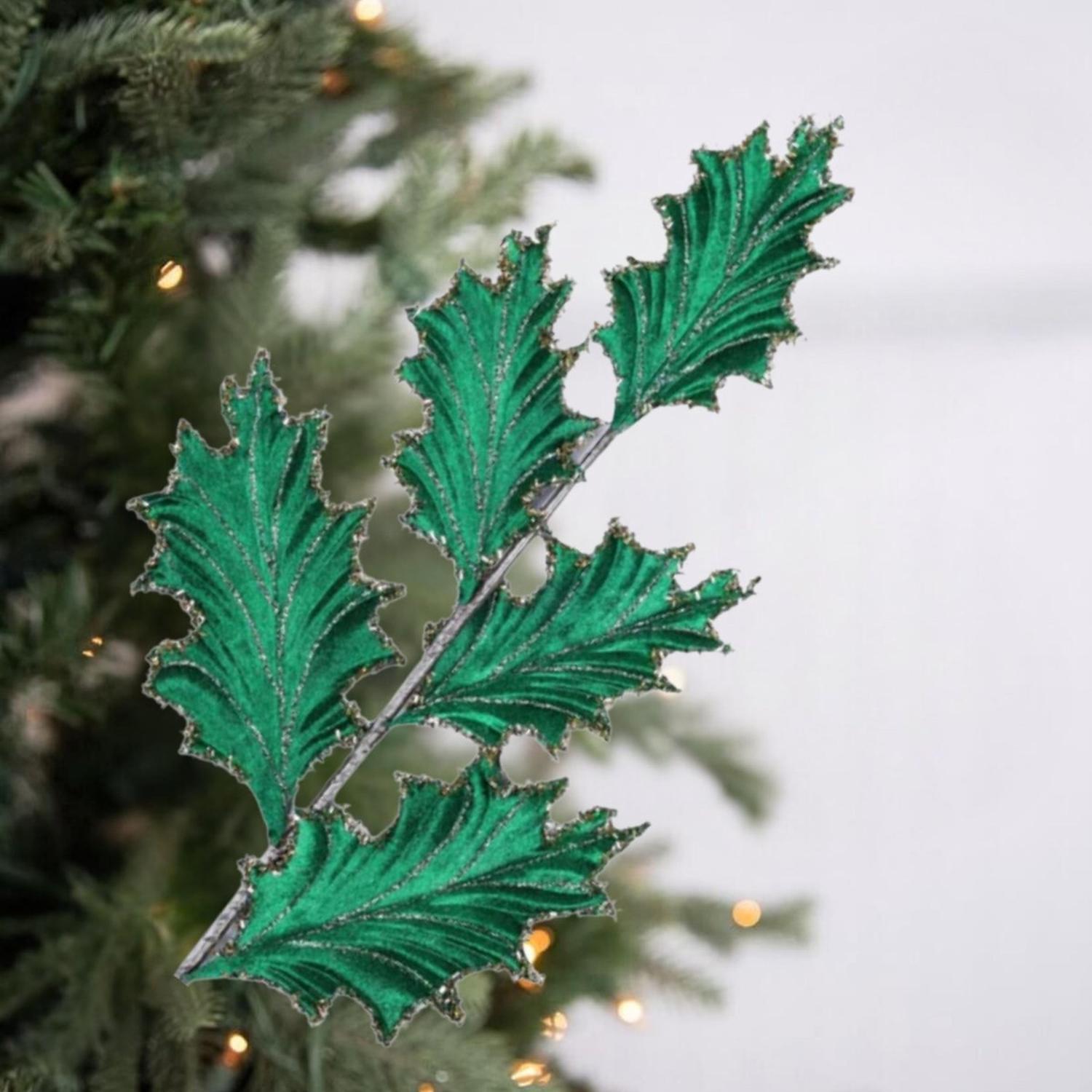 28" Tinsel Holly Leaf Spray: Emerald Green