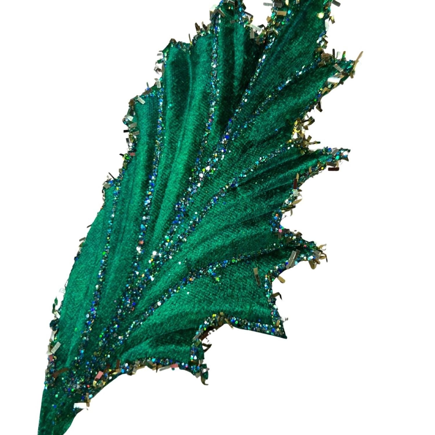 28" Tinsel Holly Leaf Spray: Emerald Green