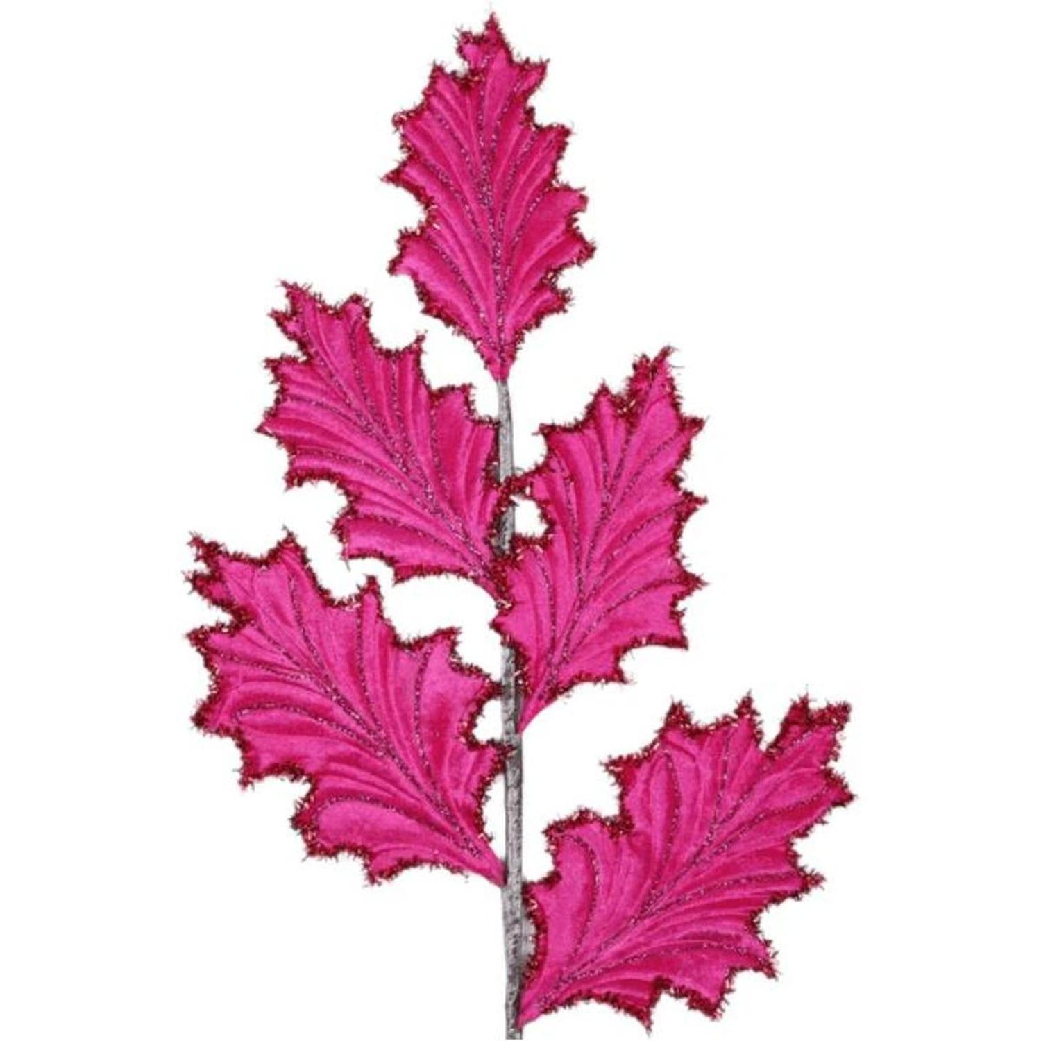 28" Tinsel Holly Leaf Spray: Hot Pink