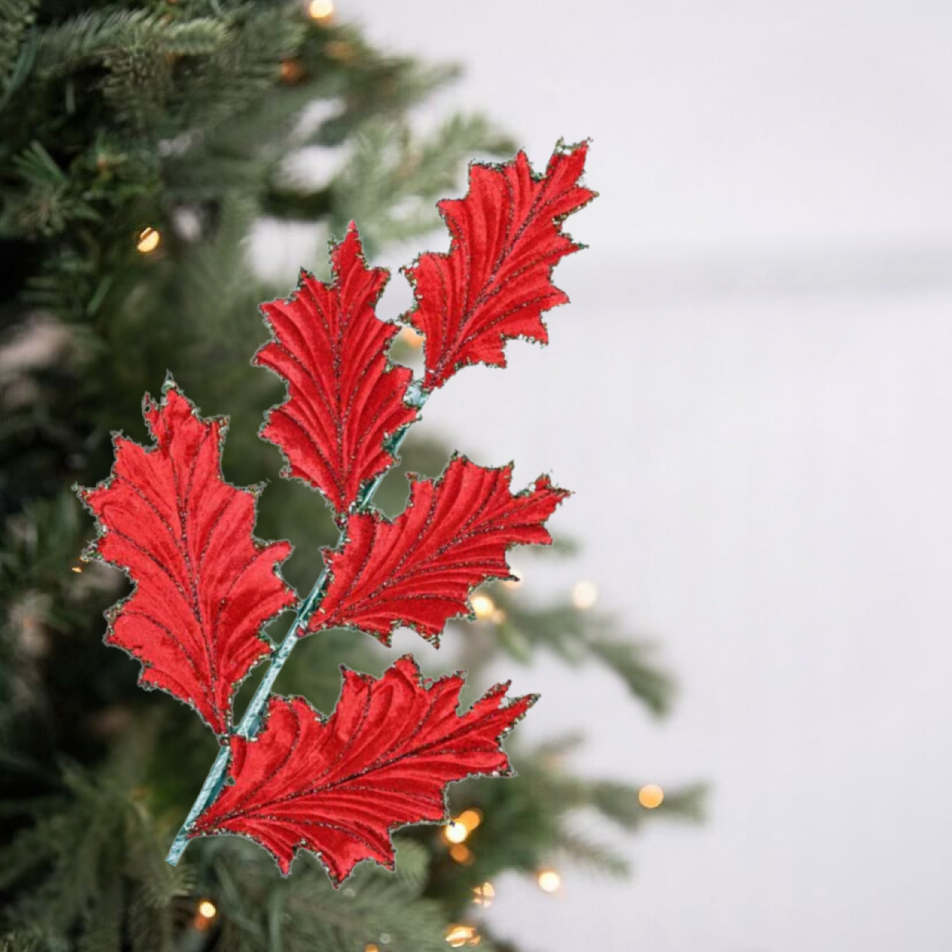 Shop For 28" Tinsel Holly Leaf Spray: Red