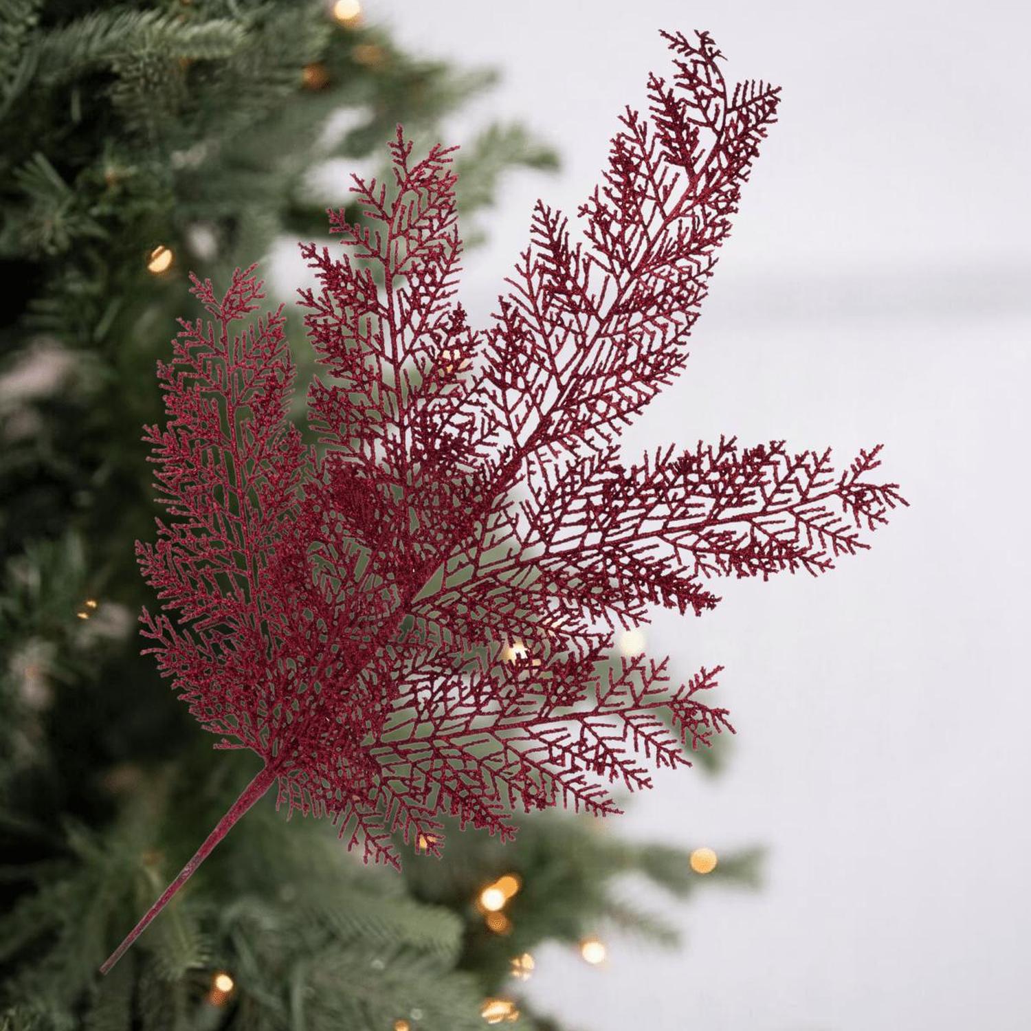 29" Glitter Fern Spray: Burgundy