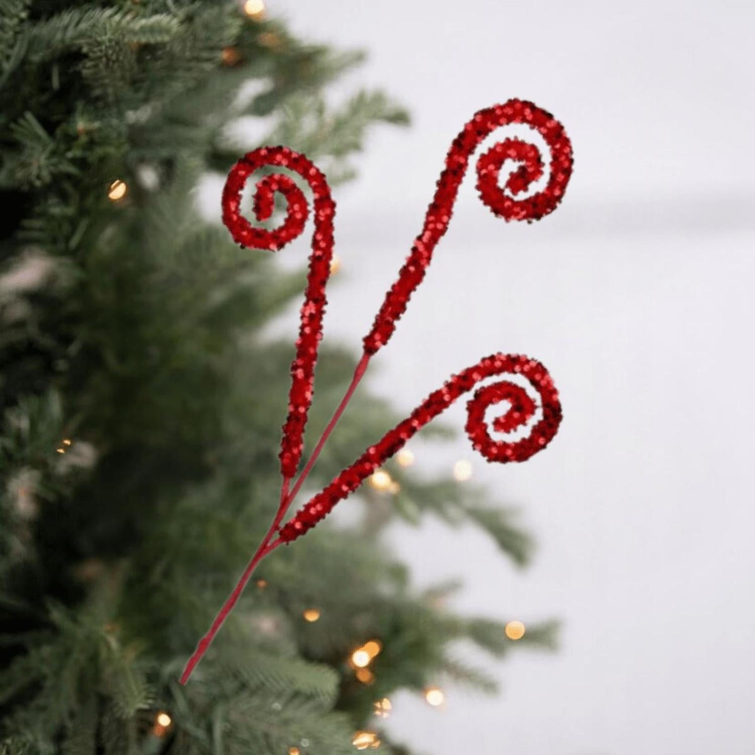 29" Glitter Scroll Curly Spray: Red