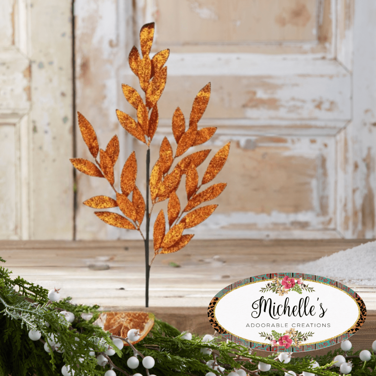Shop For 30" Glitter Laurel Leaf Spray: Orange