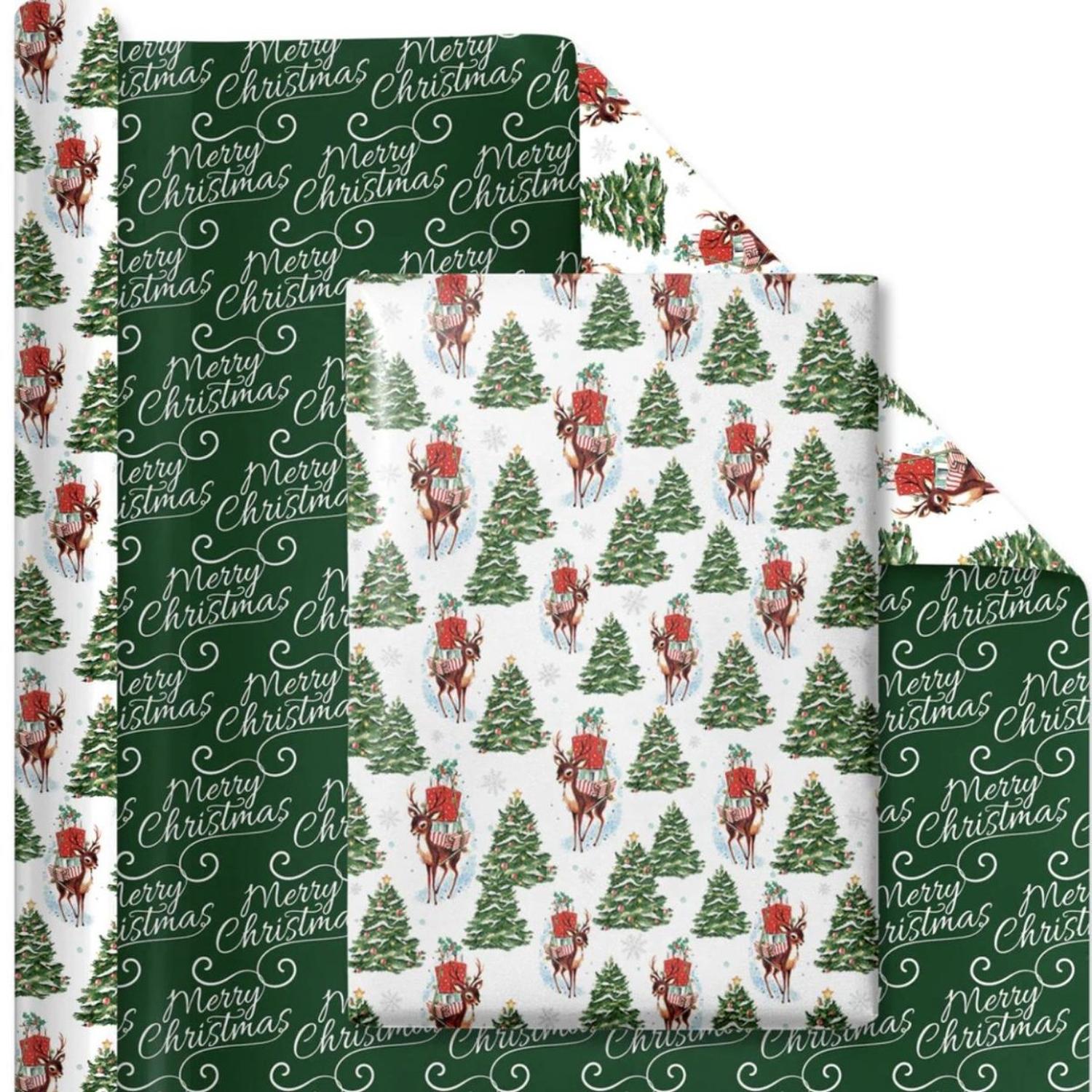 30in Reversible Trees Deer Wrapping Paper: Green