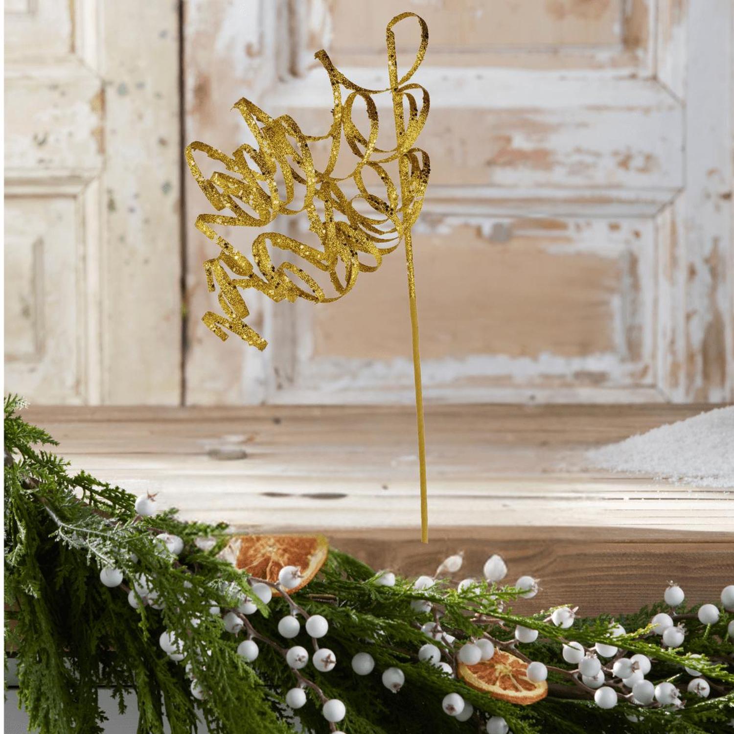 31" Curly Glitter Ribbon Spray: Gold