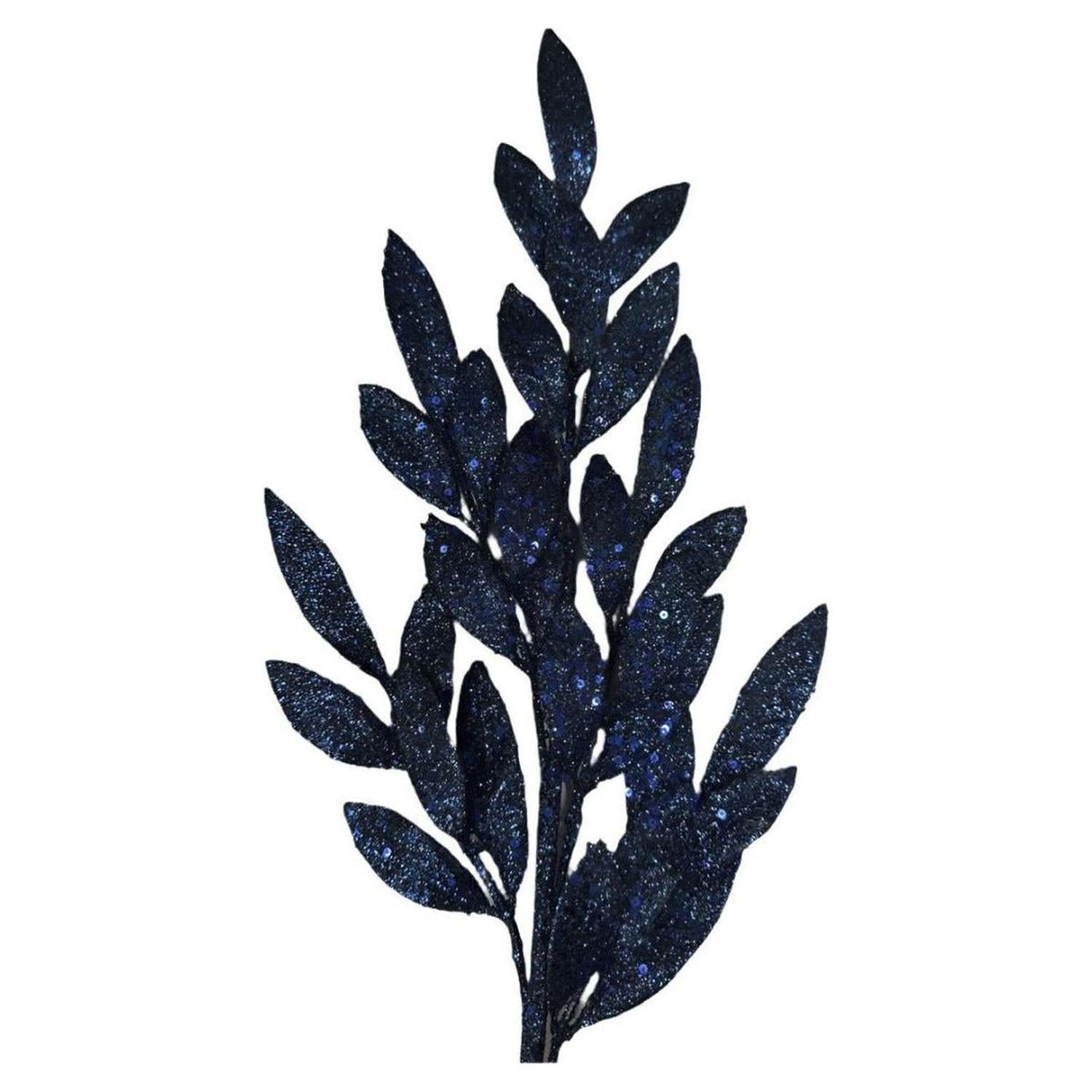 31" Glitter Bay Leaf Spray: Navy Blue
