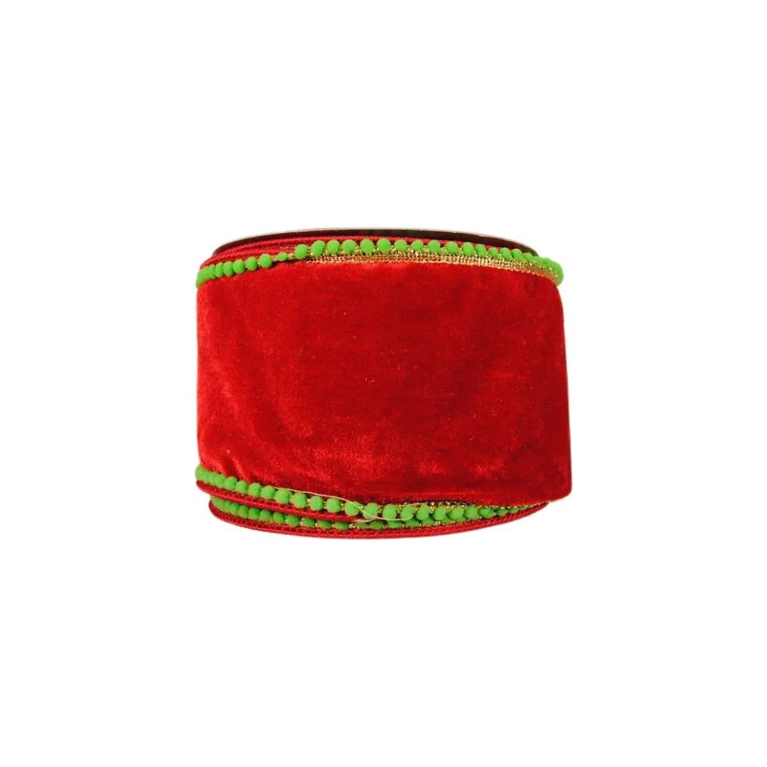 4" Beaded Pom Edge Ribbon: Red/Lime (10 Yards)