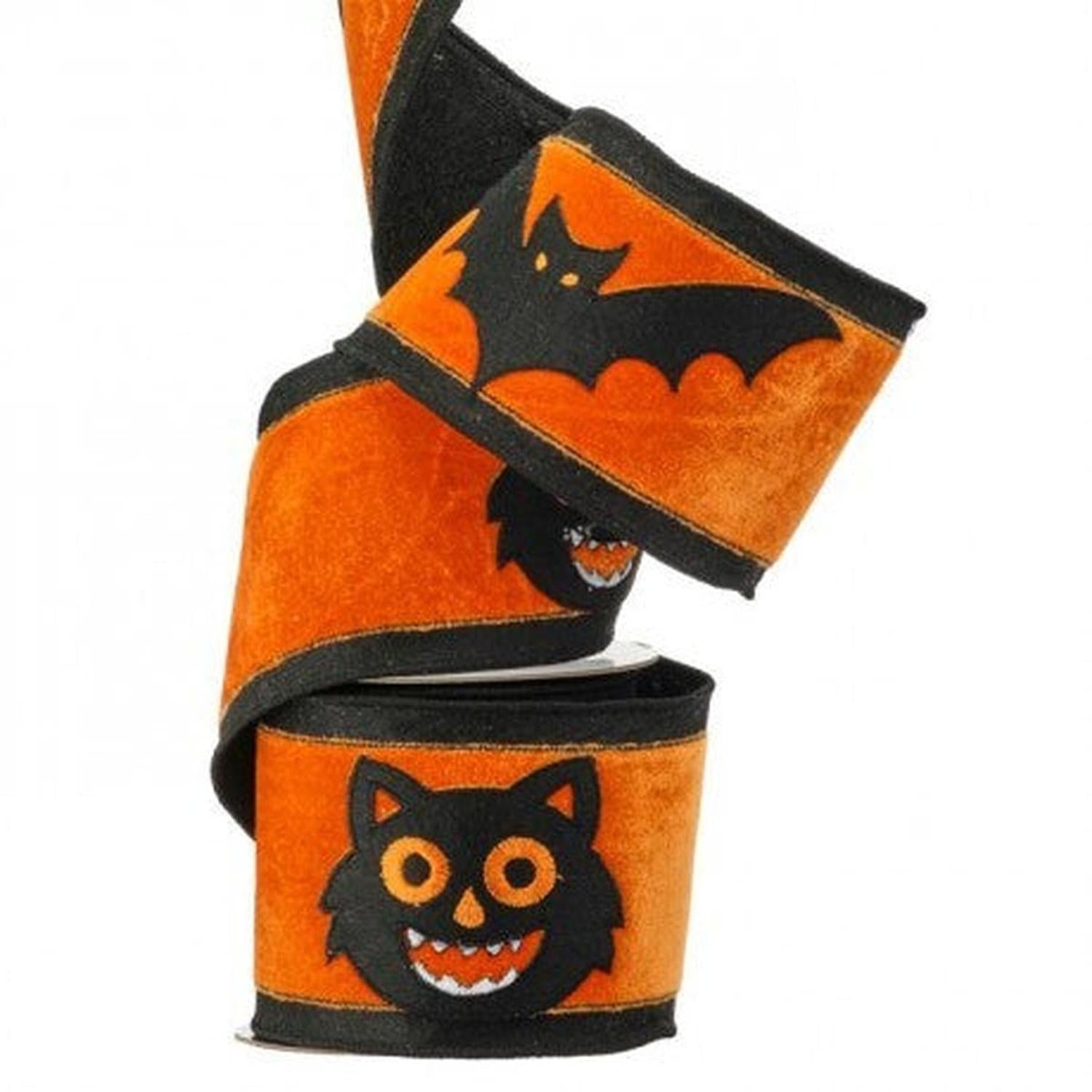 4" Black Cat Bat Velvet Ribbon: Orange (5 Yards)