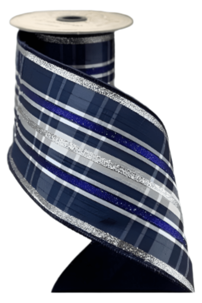 Shop For 4" Dupion Plaid Glitter Ribbon: Navy, Silver and Gray (5 Yards)