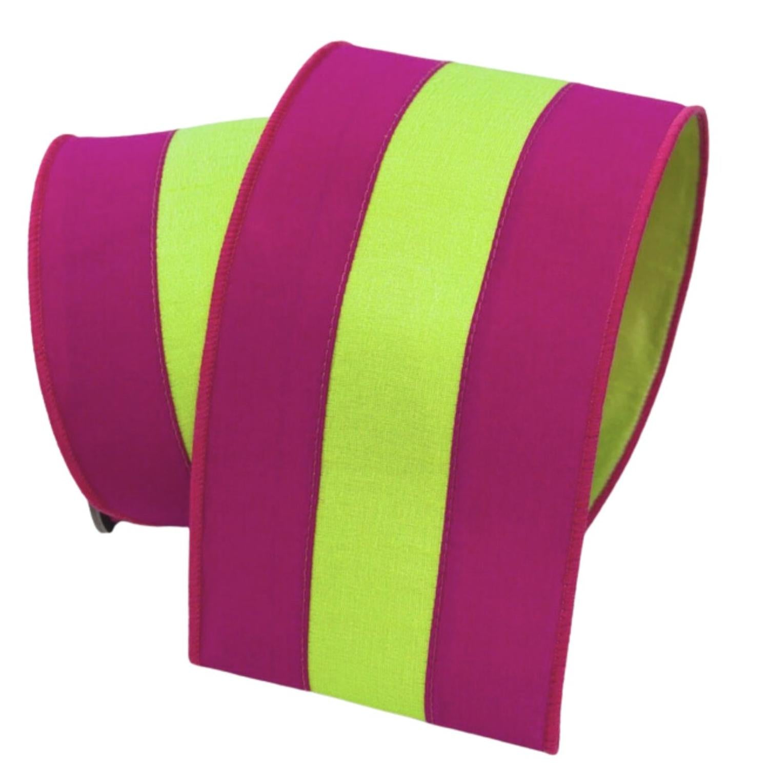 4" Dupion Striped Ribbon: Fuchsia/Lime (10 Yards)