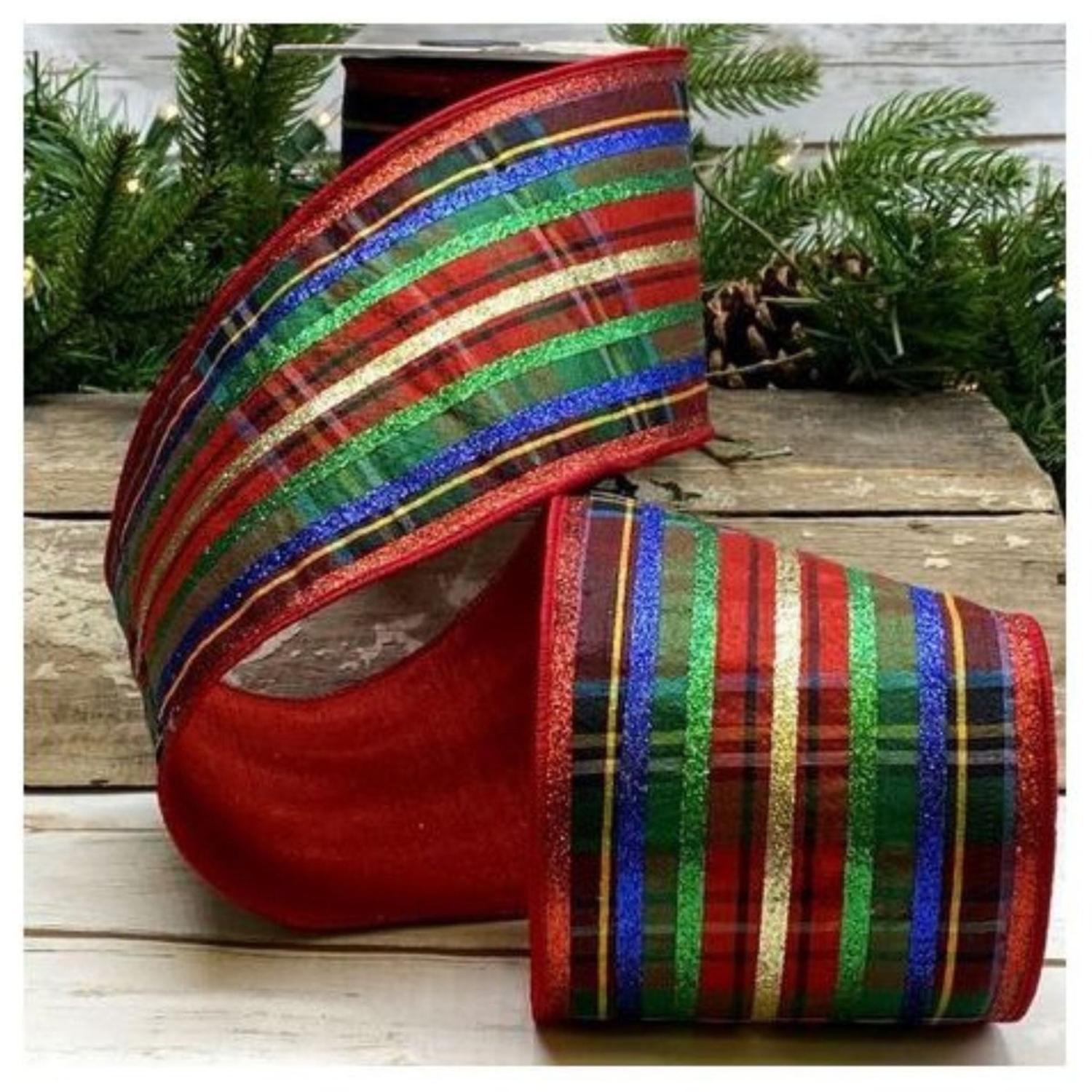 4" Dupion Traditional Plaid Glitter Ribbon: Red, Green & Blue (5 Yards)