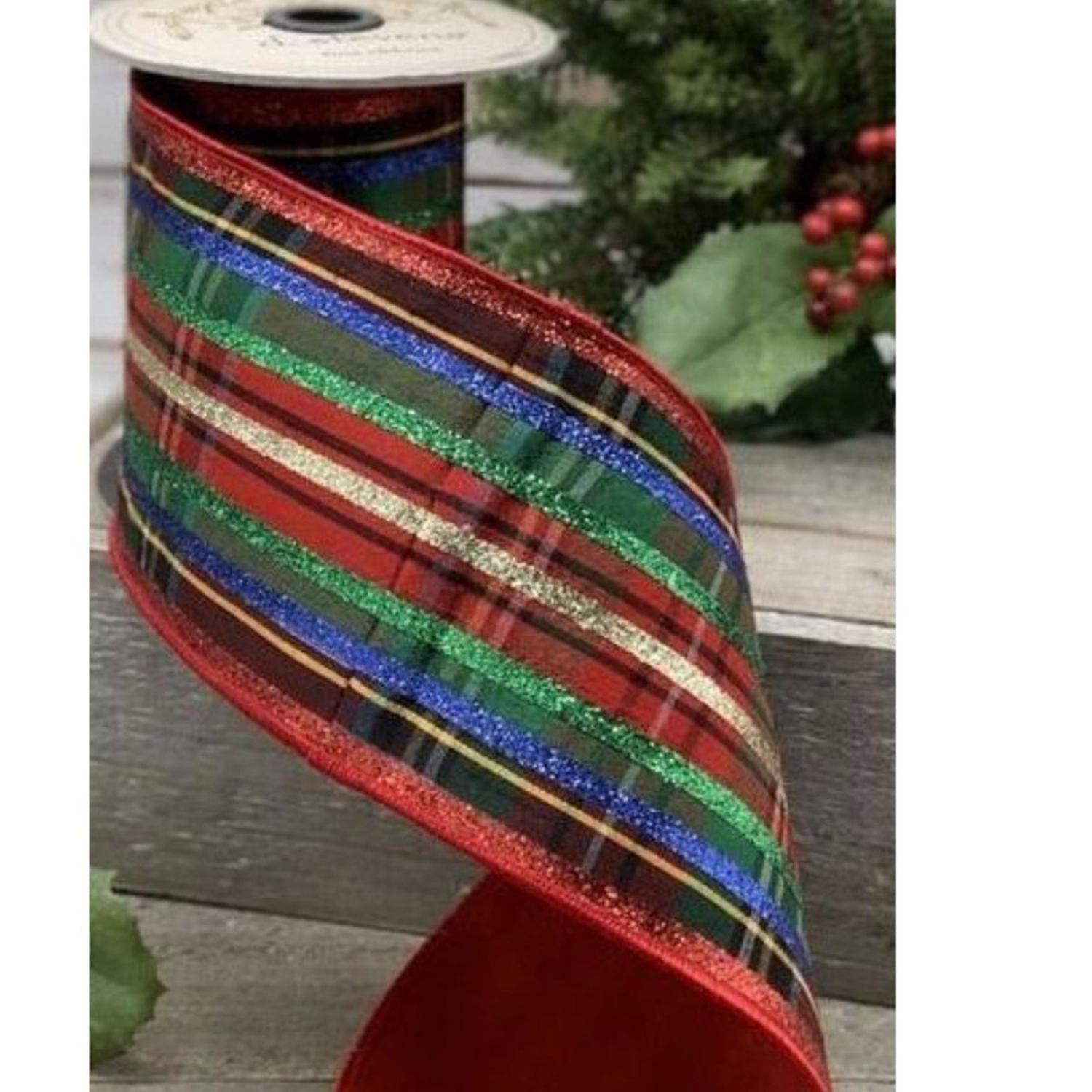 4" Dupion Traditional Plaid Glitter Ribbon: Red, Green & Blue (5 Yards)