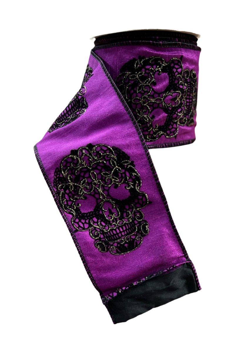 Shop For 4" Embroidered Black Skull Ribbon: Purple (10 Yards)