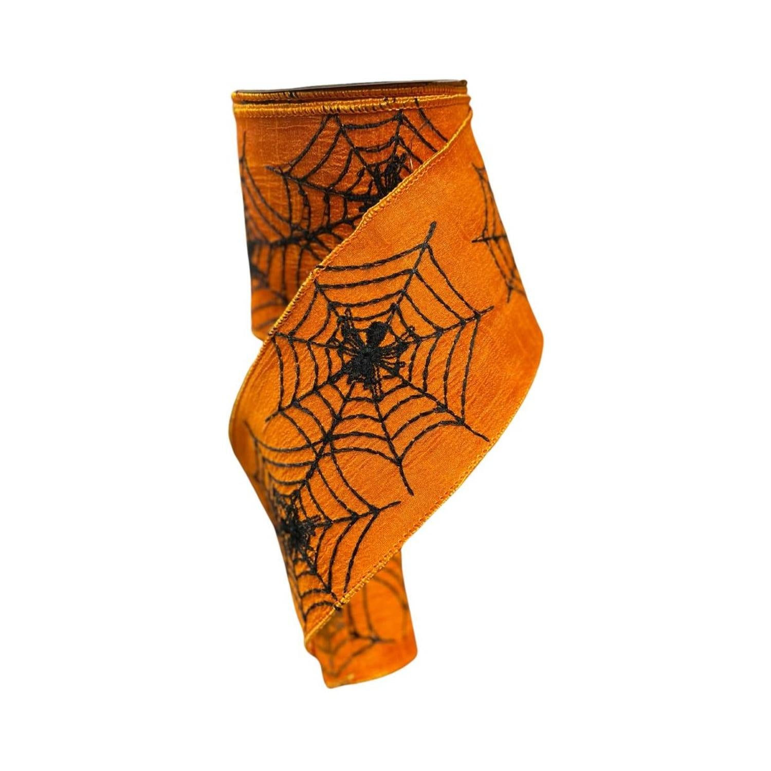 4" Embroidered Spider Web Ribbon: Orange (10 Yards)