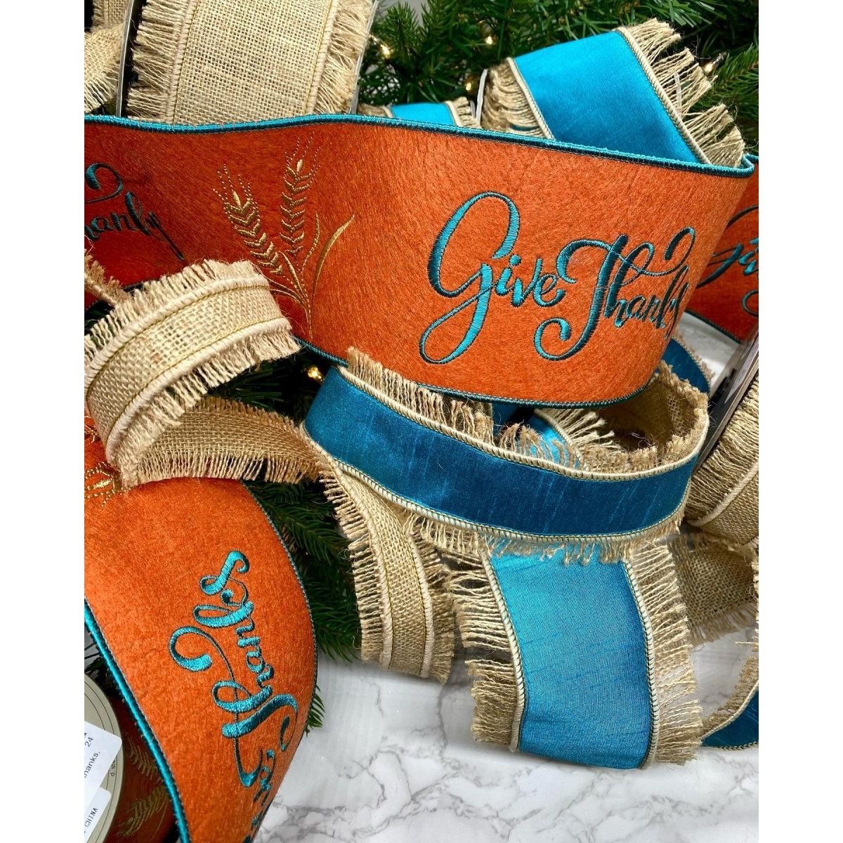 Shop For 4" Embroidery Give Thanks Felt Ribbon: Teal (5 Yards) at Michelle's aDOORable Creations