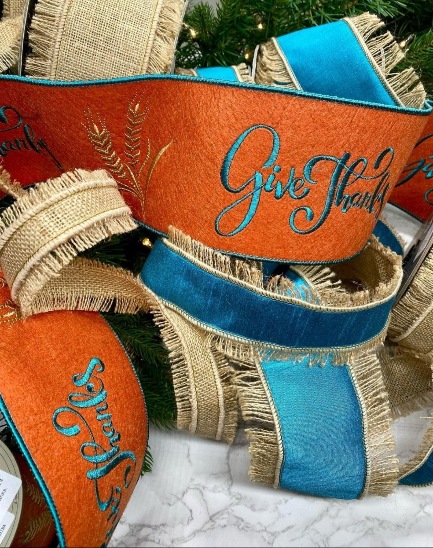 Shop For 4" Embroidery Give Thanks Felt Ribbon: Teal (5 Yards) at Michelle's aDOORable Creations