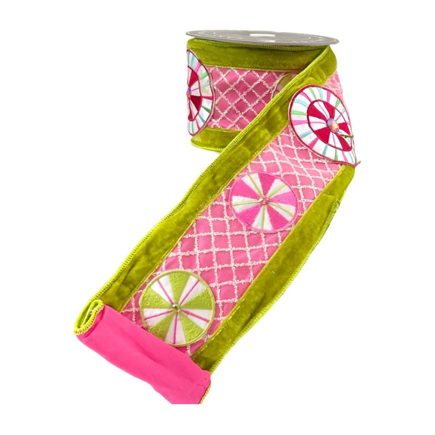 Shop For 4" EXCLUSIVE Sweet Candy Ribbon: Lime Green/Pink (5 Yards) at Michelle's aDOORable Creations
