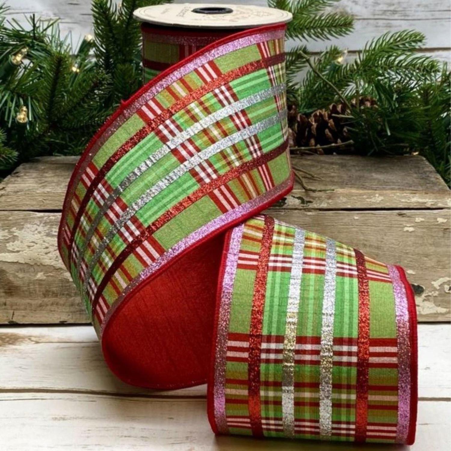 Shop For 4" Faux Dupion Plaid Glitter Ribbon: Green, Pink & Red (5 Yards)