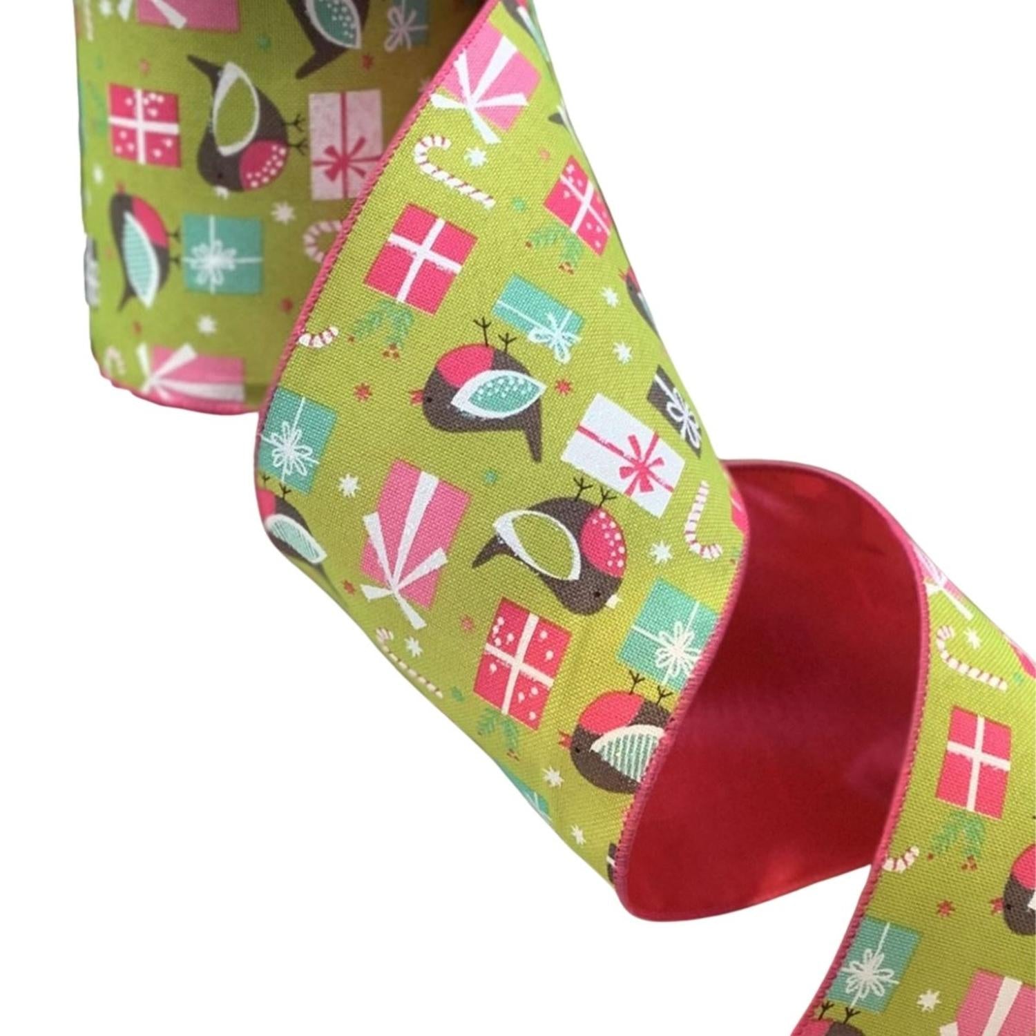 4" Faux Linen Bird Ribbon: Hot Pink & Green (10 Yards)