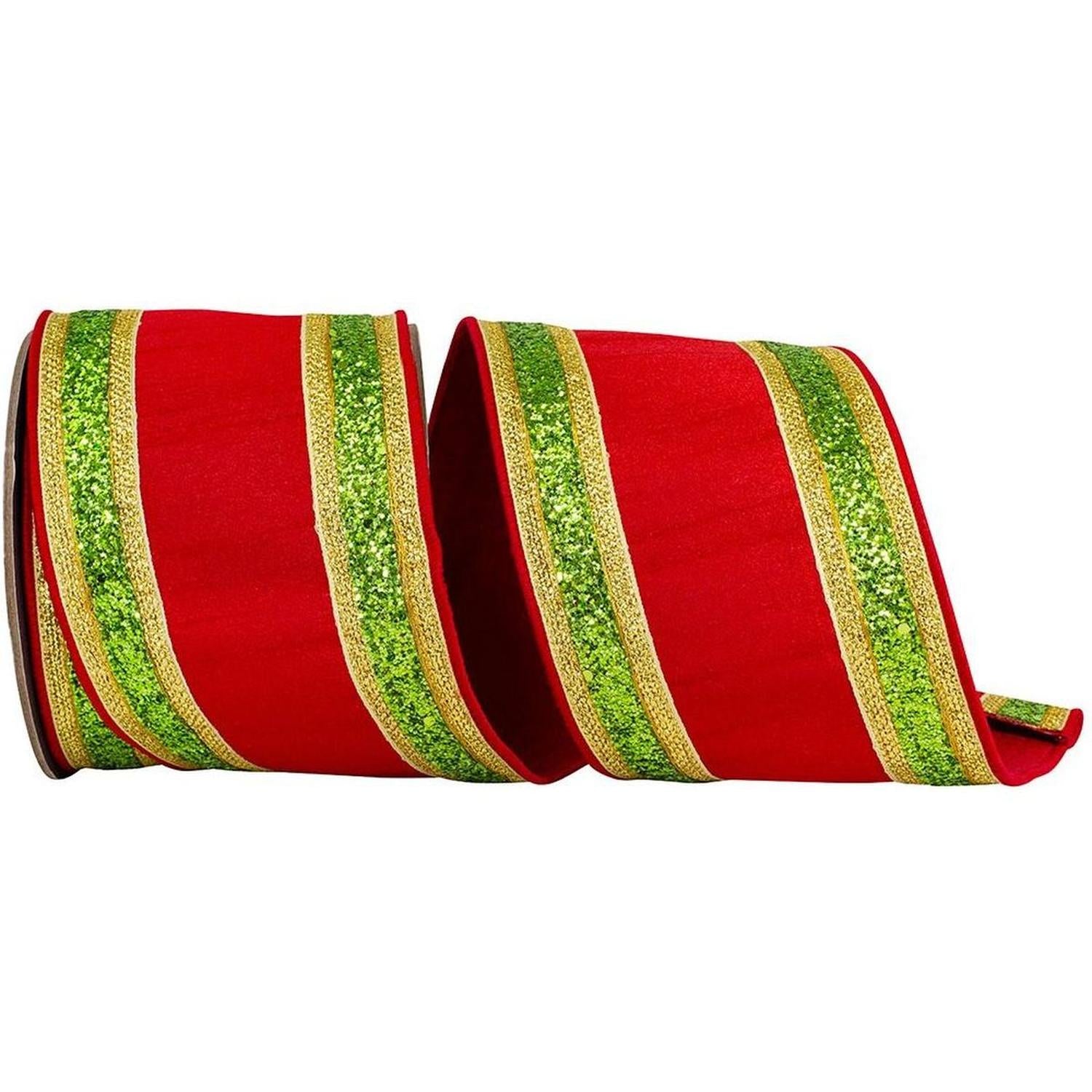 4" Glitter Edge Dupioni Ribbon: Red/Green (5 Yards)