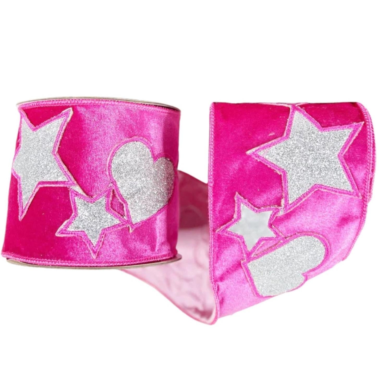 4" Hearts and Stars Velvet Ribbon: Hot Pink (5 Yards)