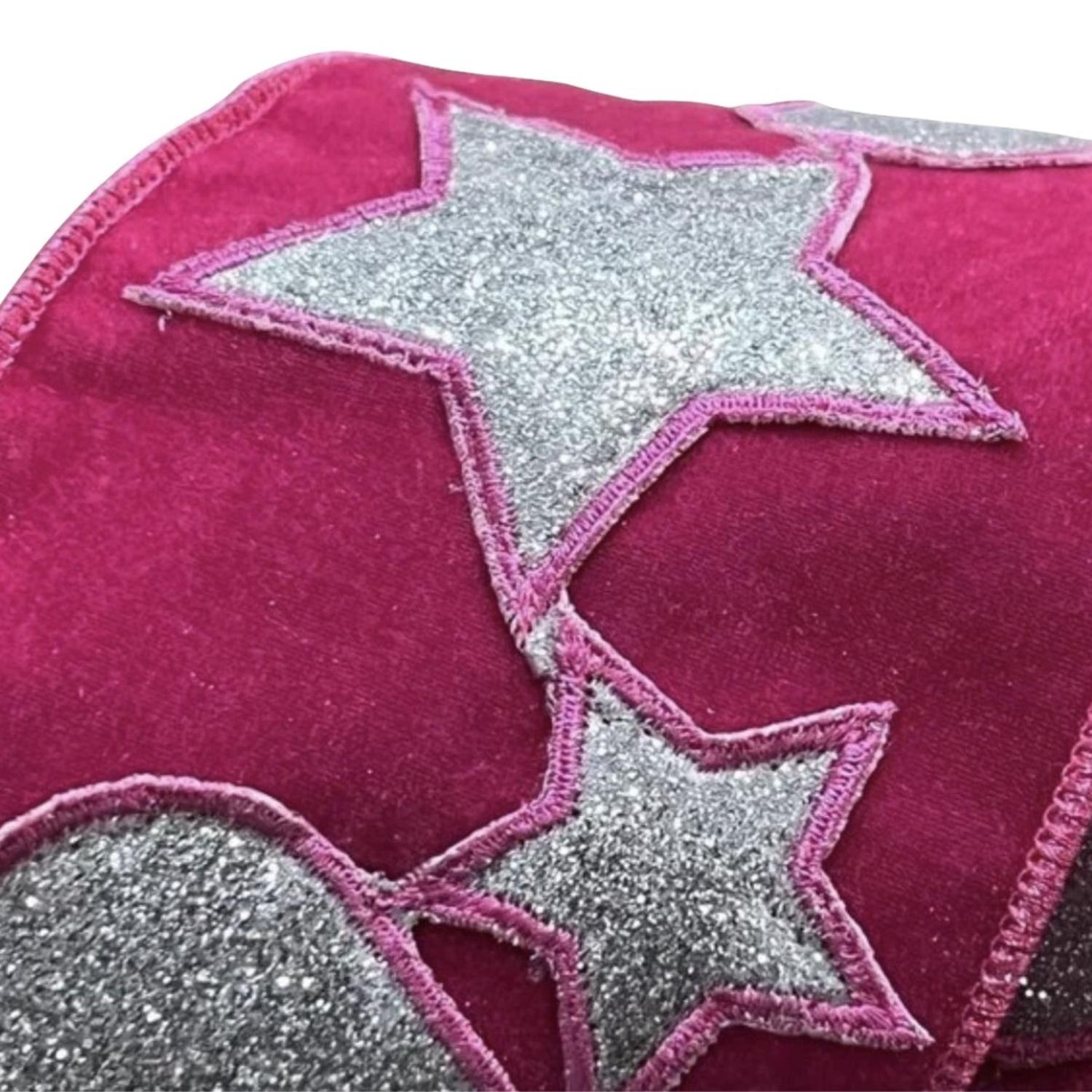 4" Hearts and Stars Velvet Ribbon: Hot Pink (5 Yards)