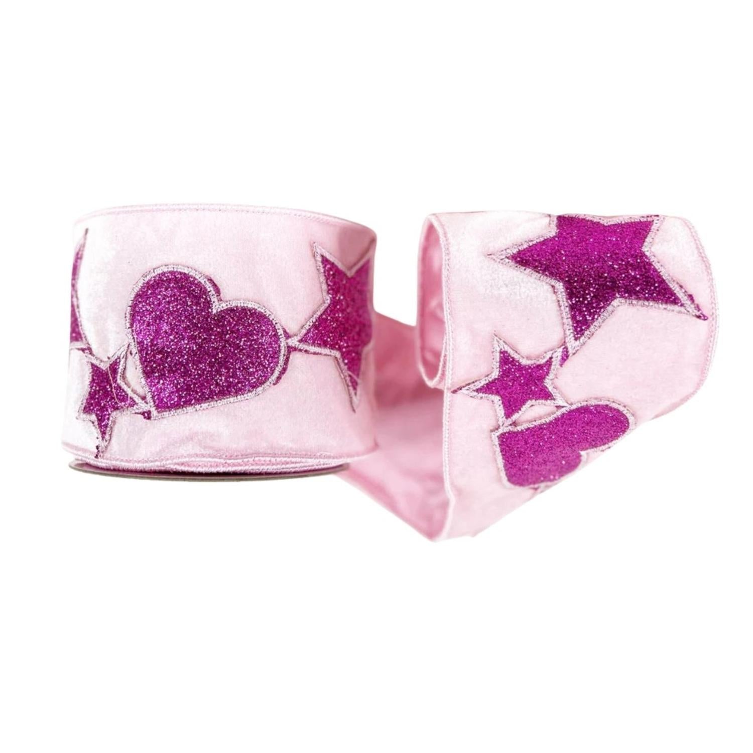 4" Hearts and Stars Velvet Ribbon: Light Pink (5 Yards)