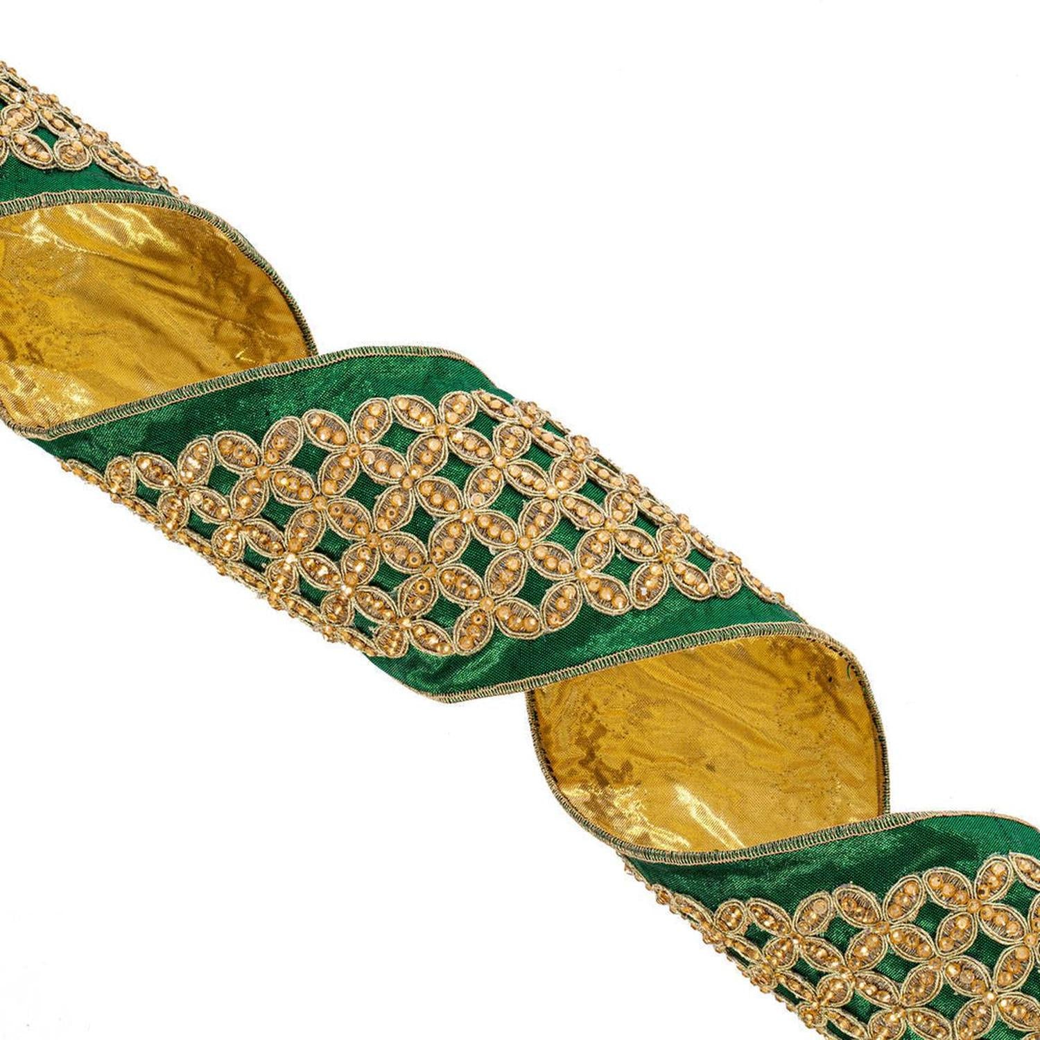 4 inch Jeweled Ribbon: Green/Gold (5 Yards)