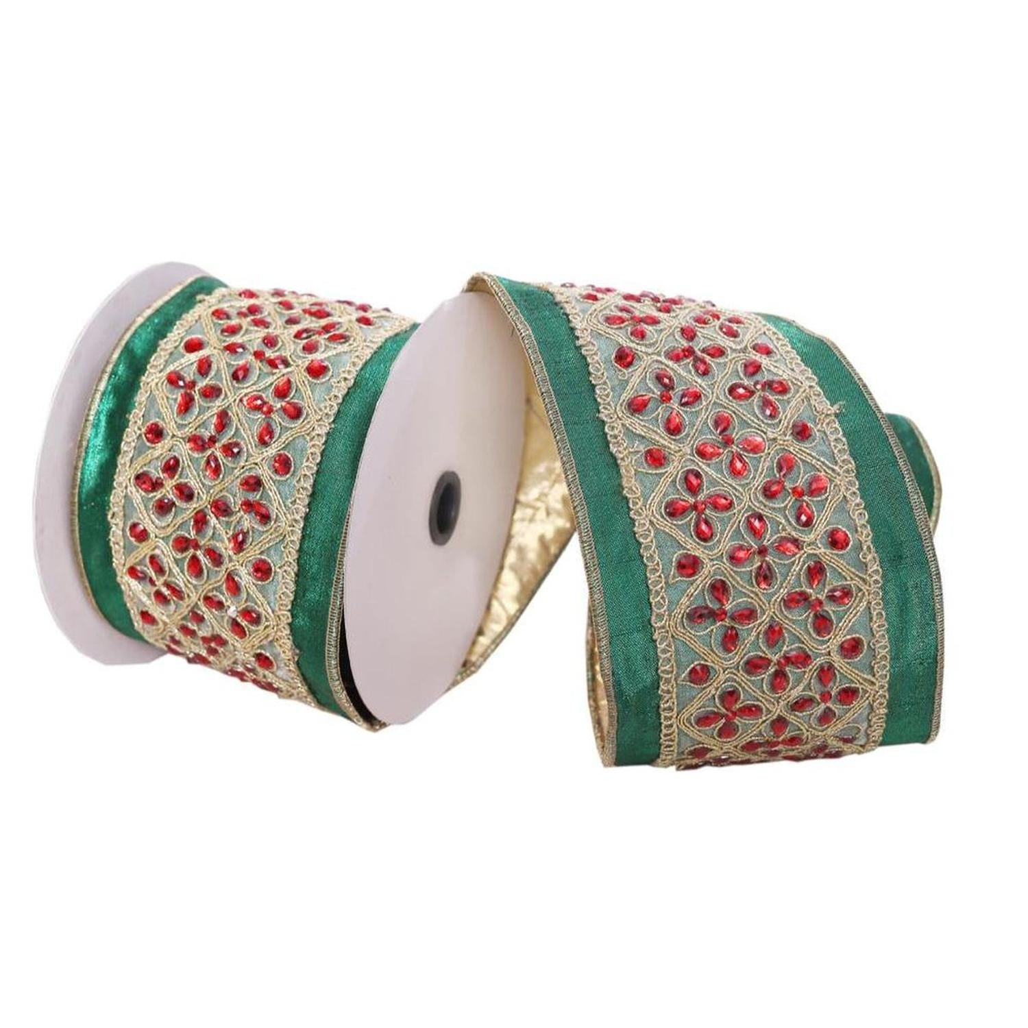 4 inch Jeweled Ribbon: Green/Red (5 Yards)