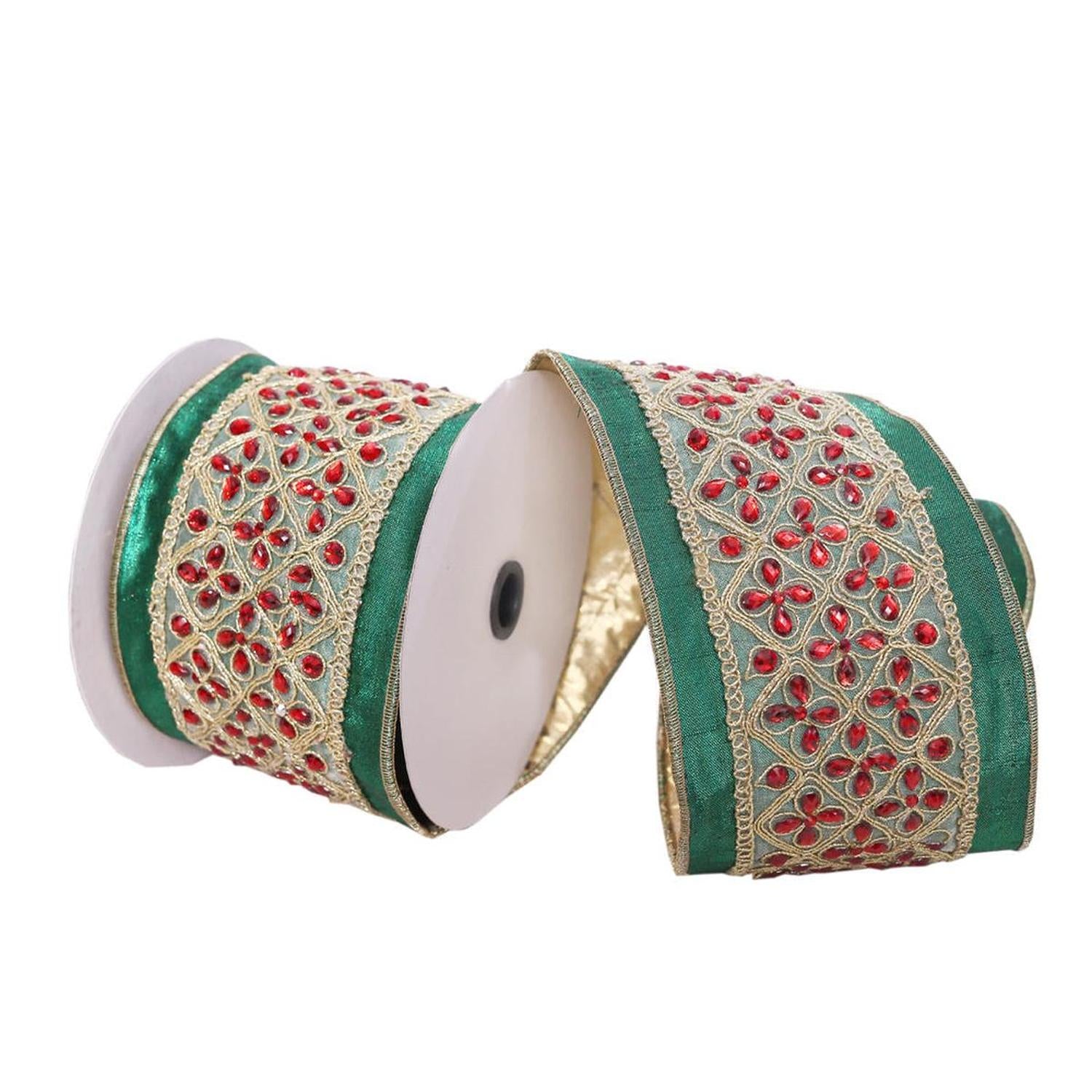 4 inch Jeweled Ribbon: Green/Red (5 Yards)