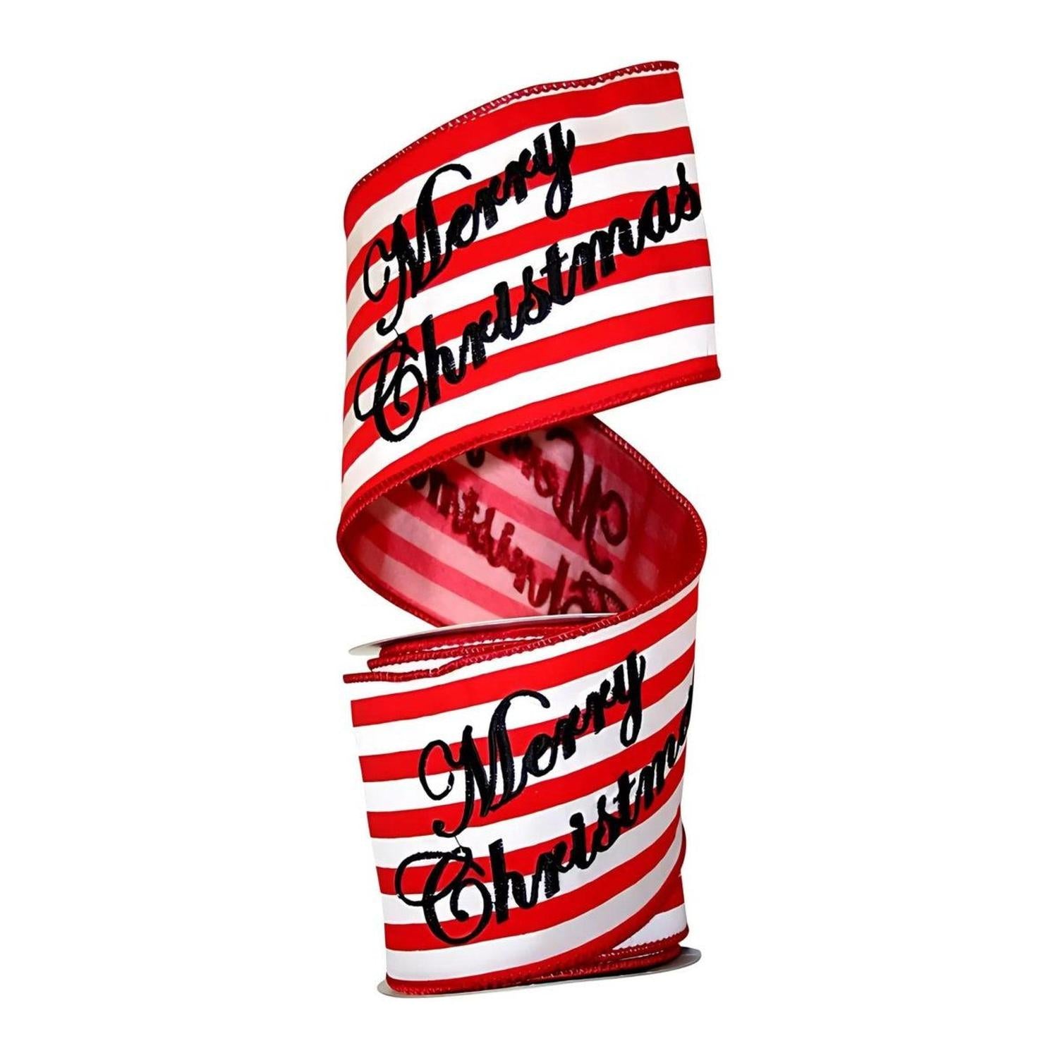 4" Merry Christmas Embroidered Striped Ribbon: Red & White (5 Yards)