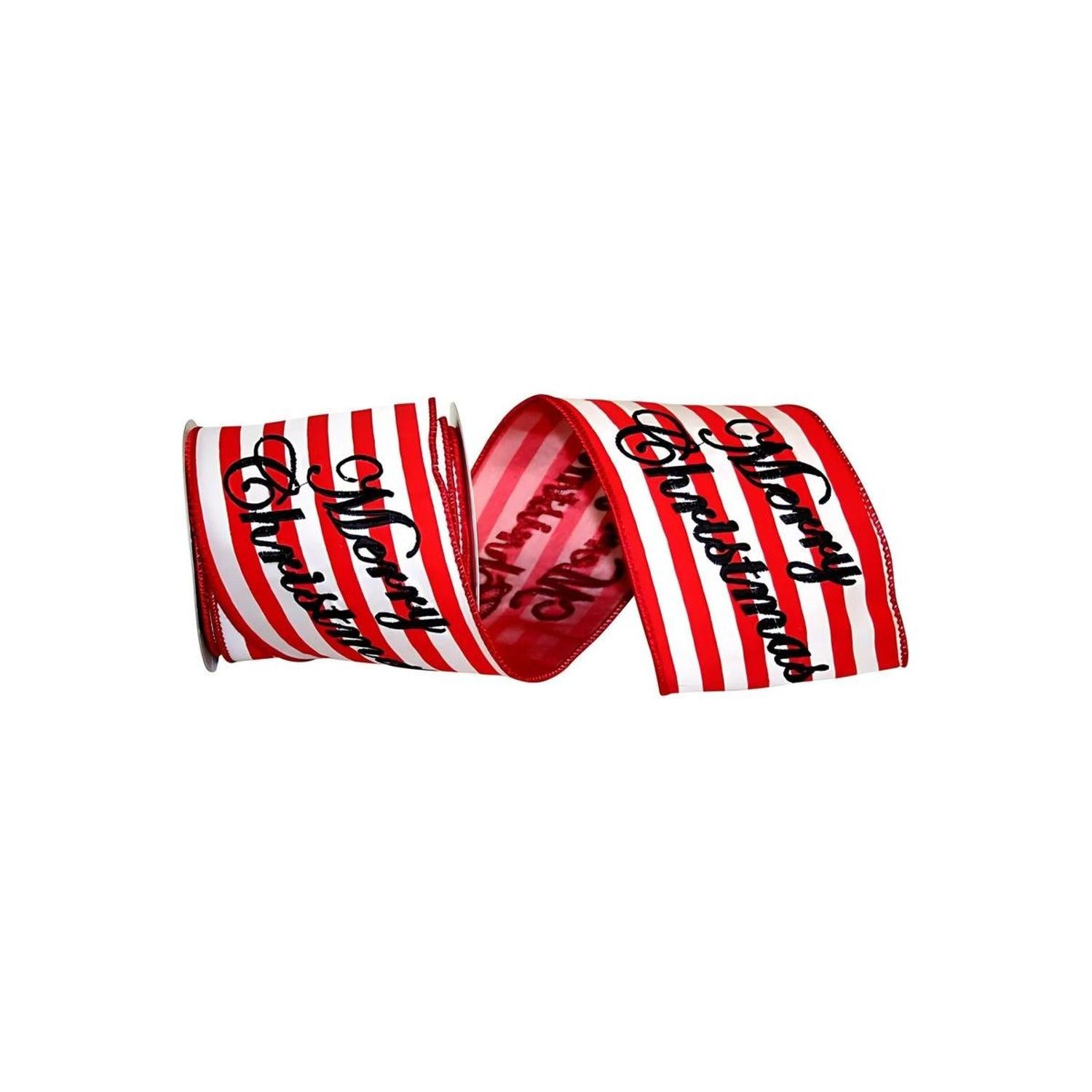 4" Merry Christmas Embroidered Striped Ribbon: Red & White (5 Yards)