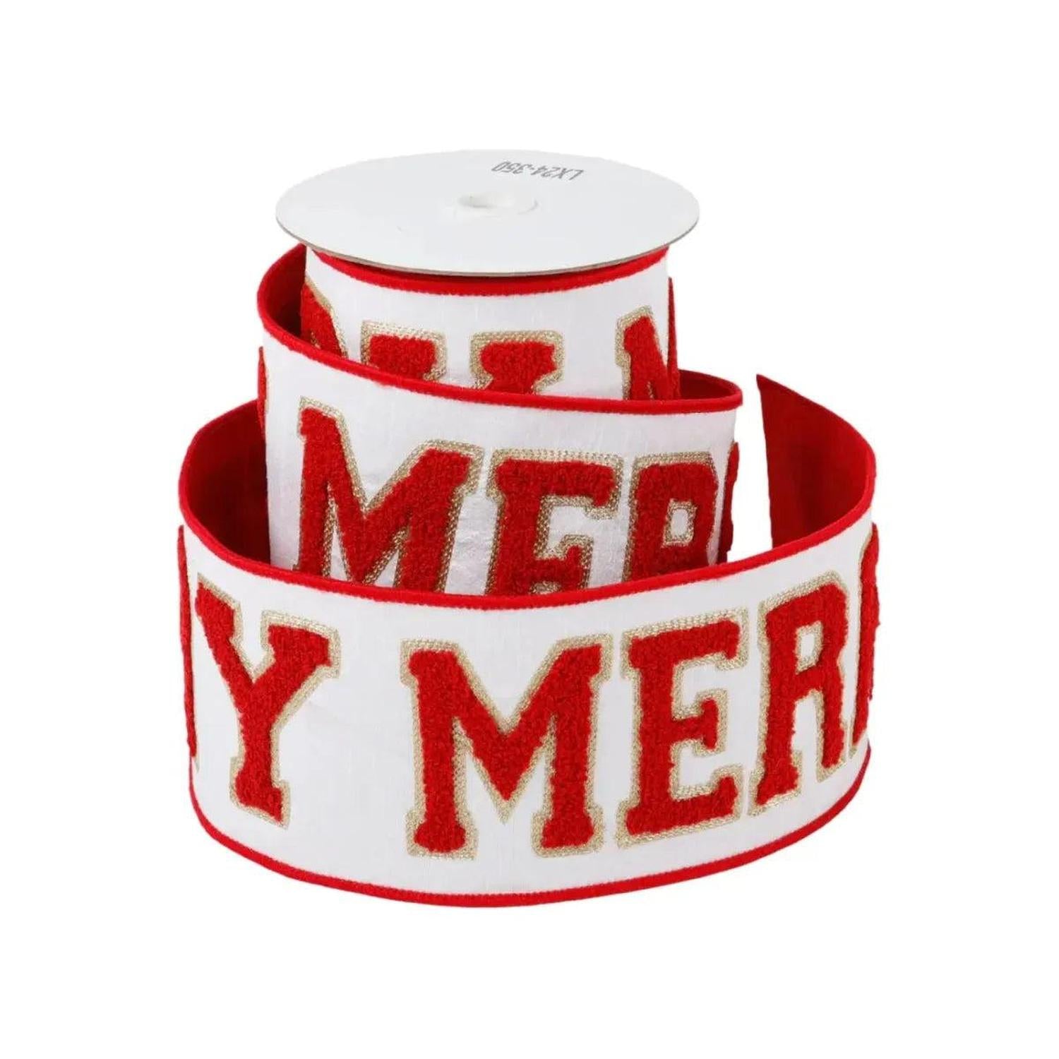 4" Merry Dupion Backed Ribbon: White/Red (5 Yards)