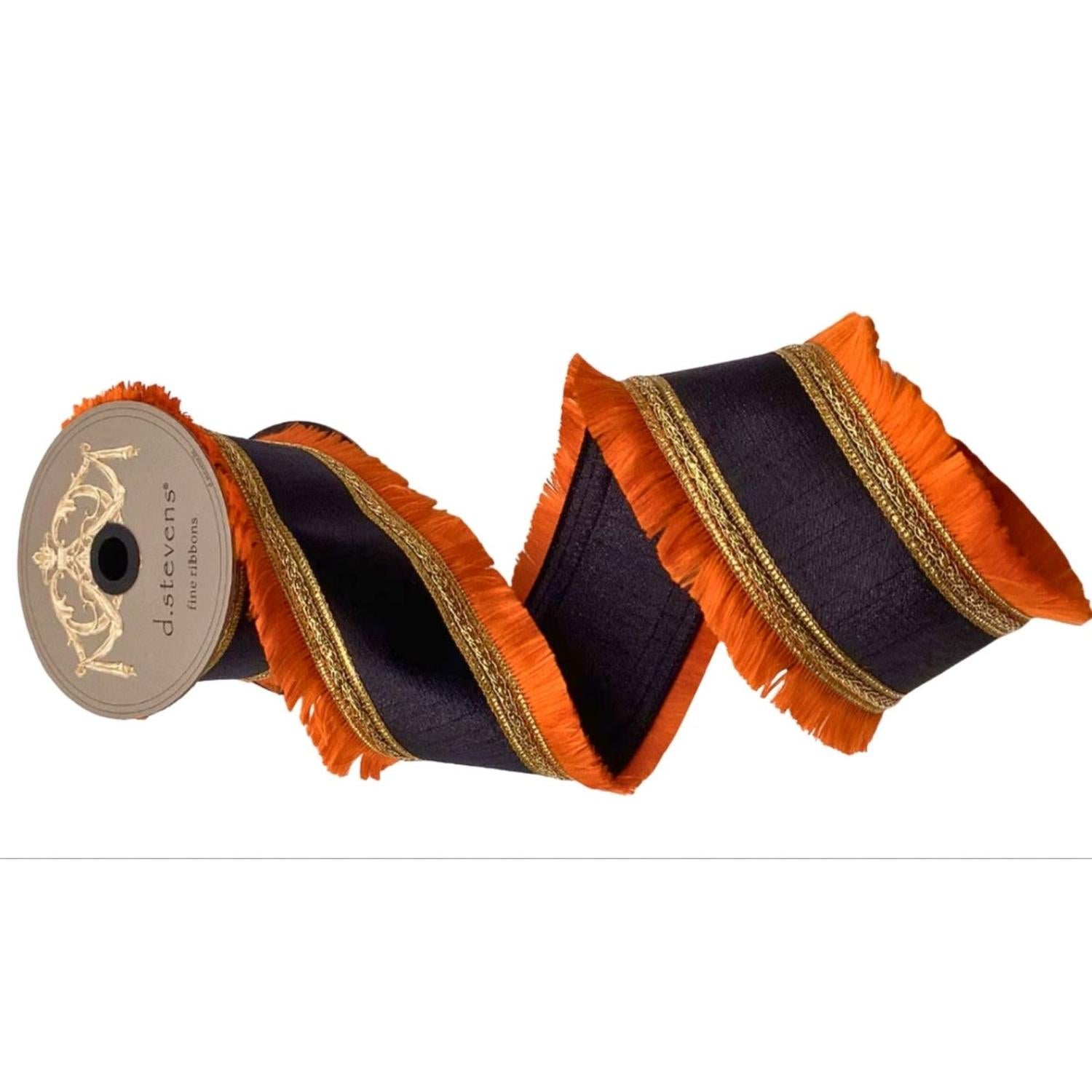 4" Metallic Dupion Fringe Ribbon: Orange/Black (10 Yards)