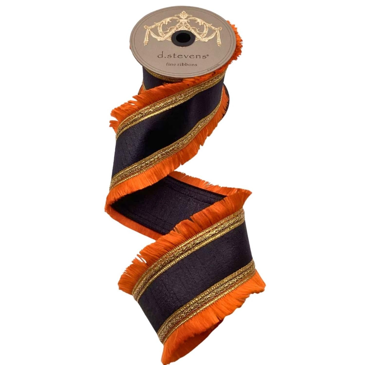 4" Metallic Dupion Fringe Ribbon: Orange/Black (10 Yards)