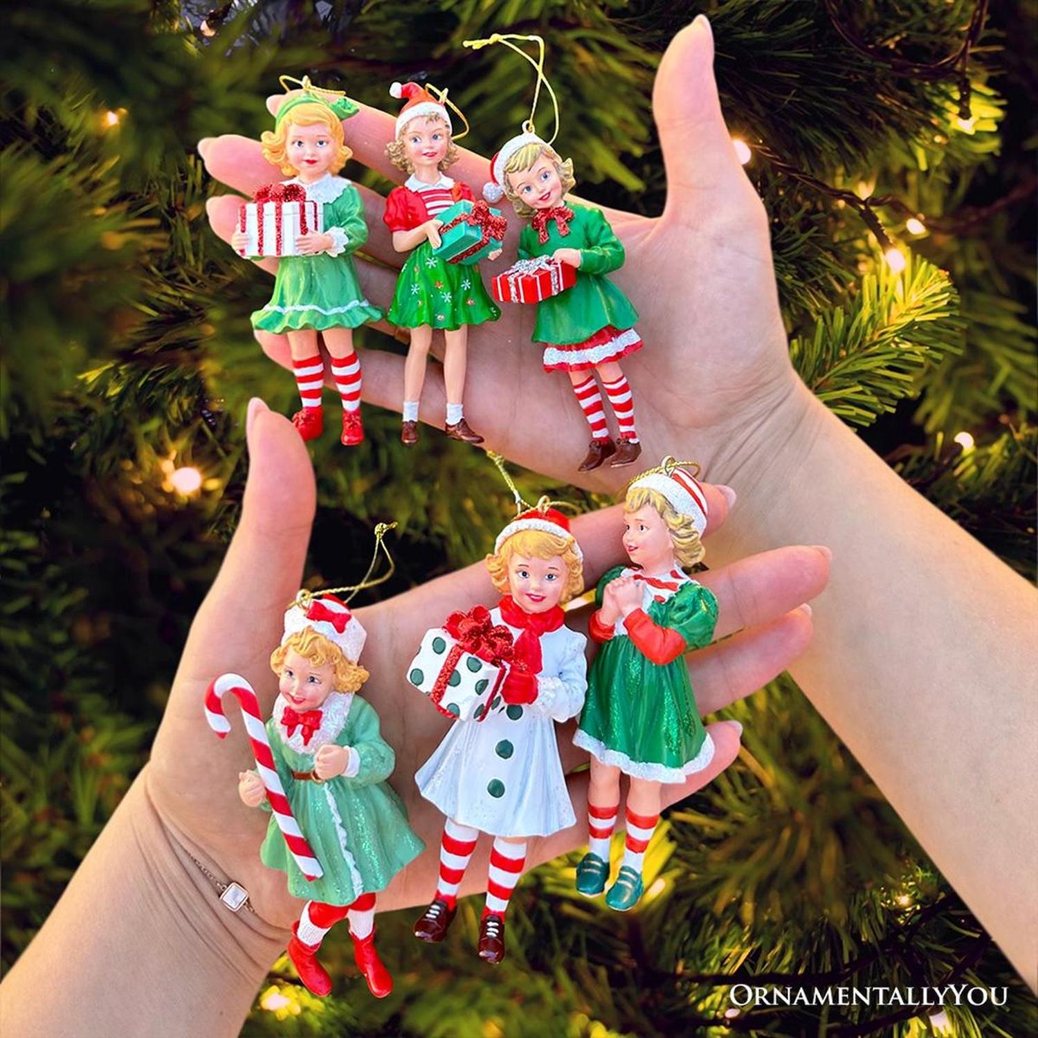 Nostalgic Victorian Christmas Girl Charming Set of 6 Ornaments, Vintage Old Fashioned Resin Holiday Decoration