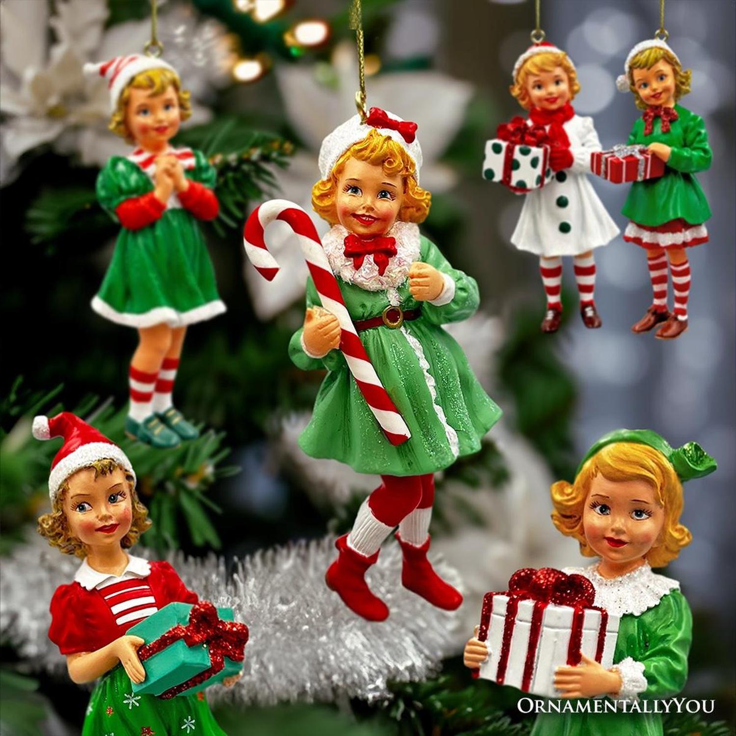 Nostalgic Victorian Christmas Girl Charming Set of 6 Ornaments, Vintage Old Fashioned Resin Holiday Decoration