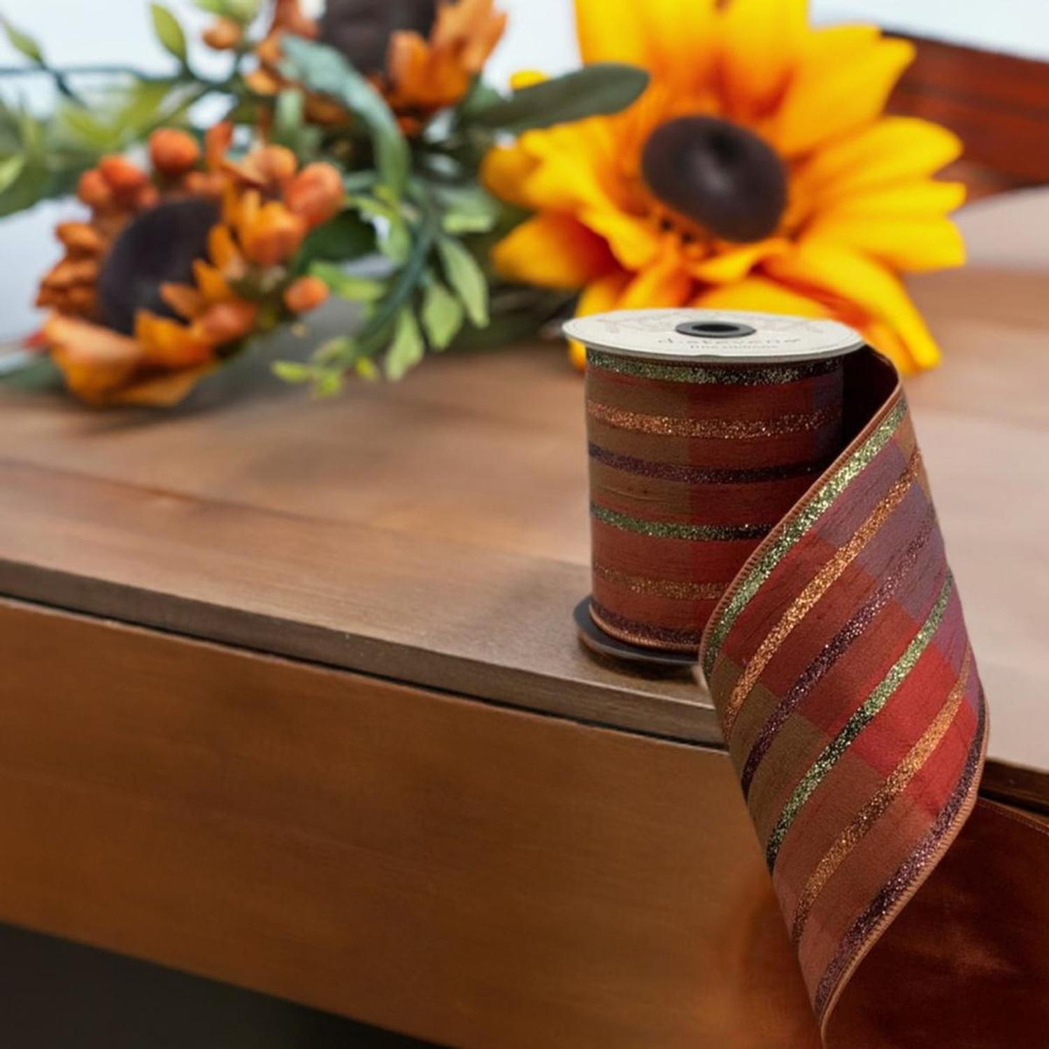 Shop For 4" Plaid Glitter Stripe Ribbon: Autumn Orange (5 Yards) at Michelle's aDOORable Creations