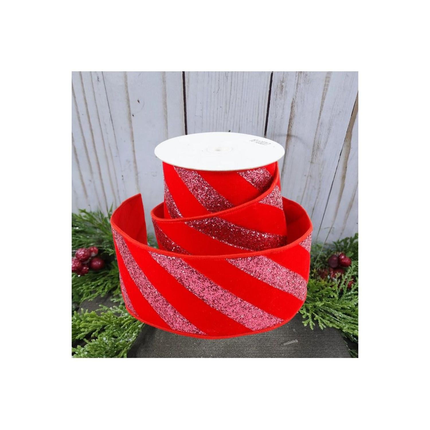 4" Red Velvet Glitter Stripe Ribbon: Pink (5 Yards)