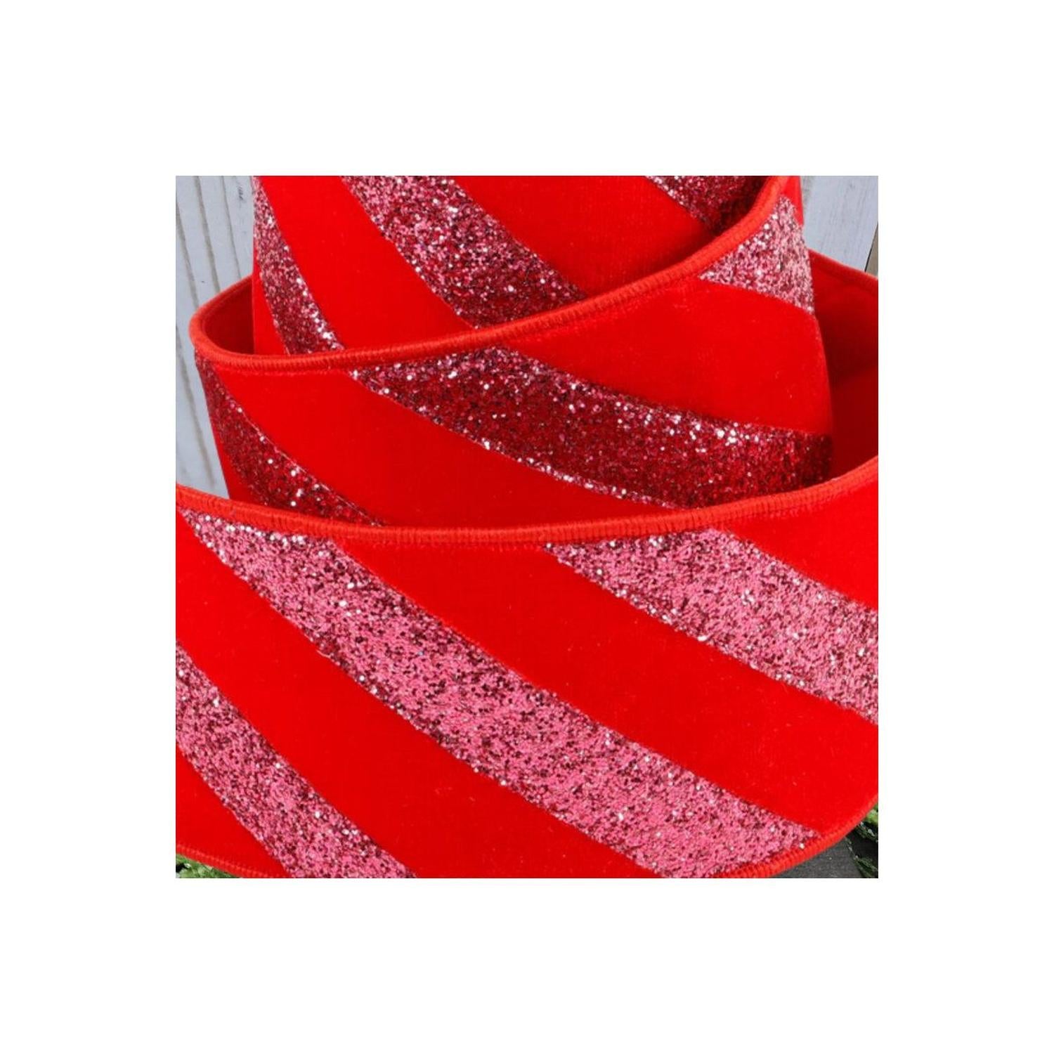 4" Red Velvet Glitter Stripe Ribbon: Pink (5 Yards)