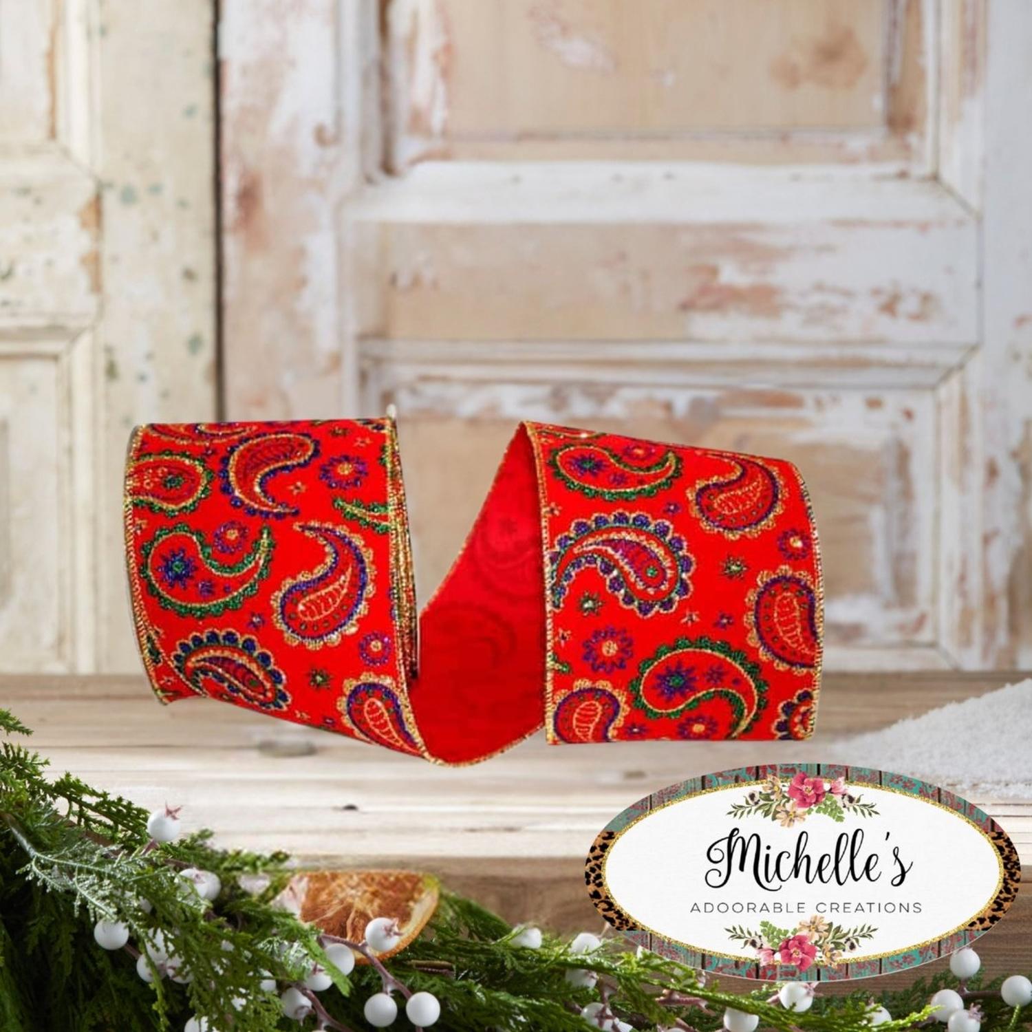 4" Red Velvet Paisley Jewel Ribbon: Jeweltones (10 Yards)