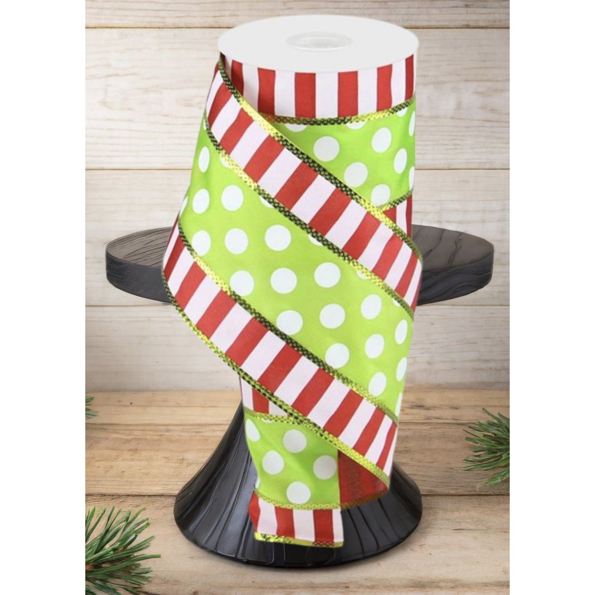 Shop For 4" Striped Edge Polka Dot Ribbon: Red, Green & White (10 Yards)
