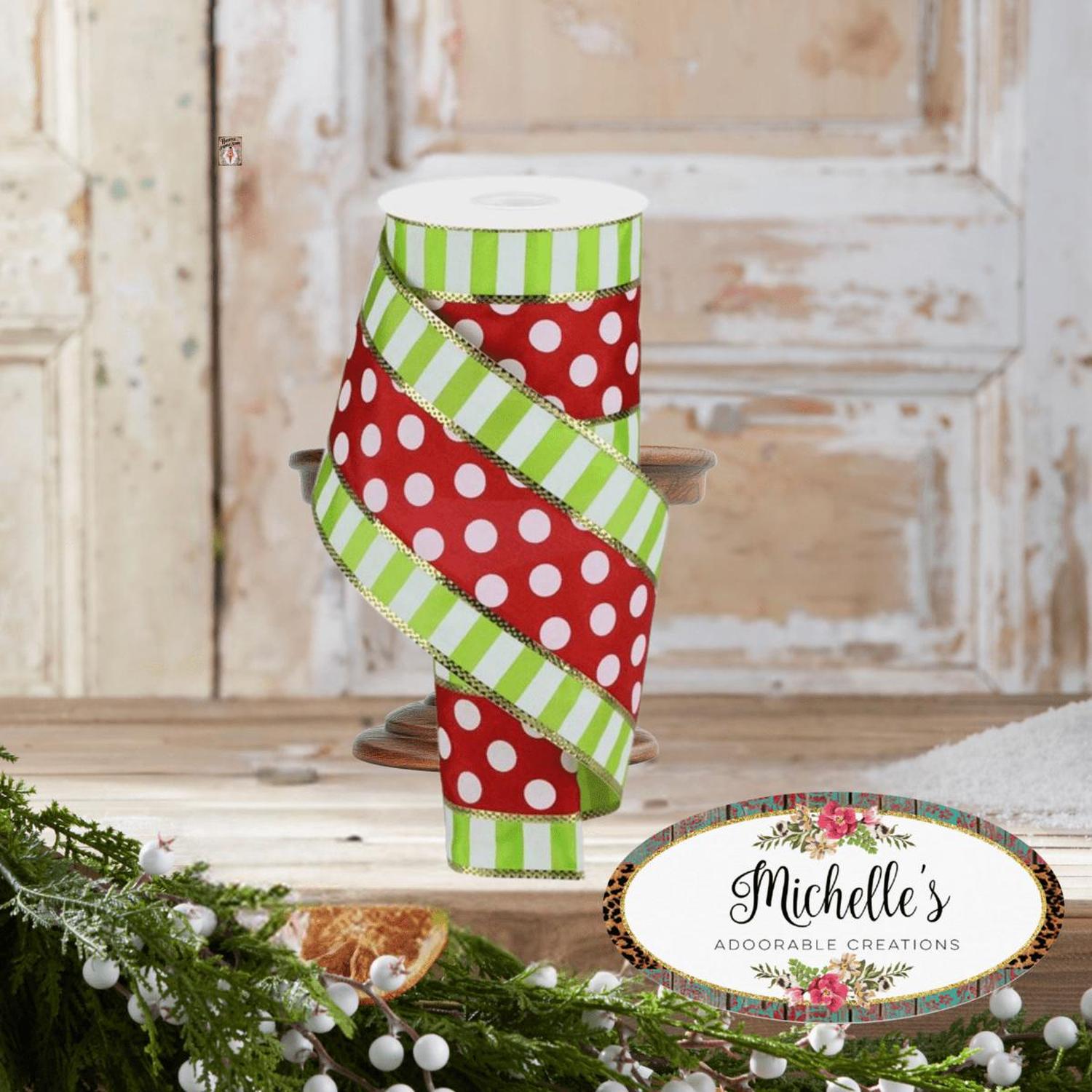 4" Striped Edge Polka Dot Ribbon: Red, Lime & White (10 Yards)